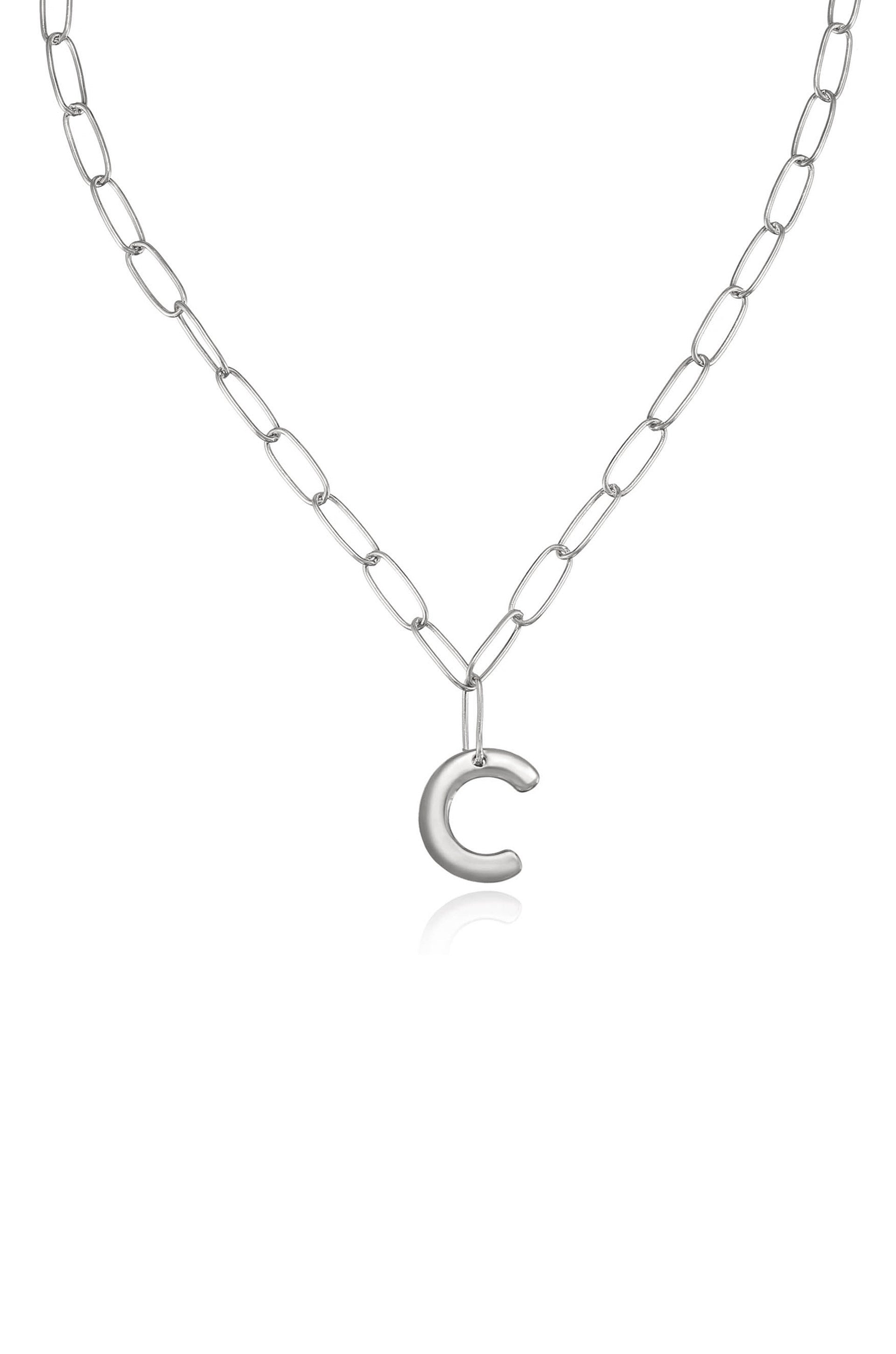 Paperclip Link Initial Necklace C Rhodium Plated