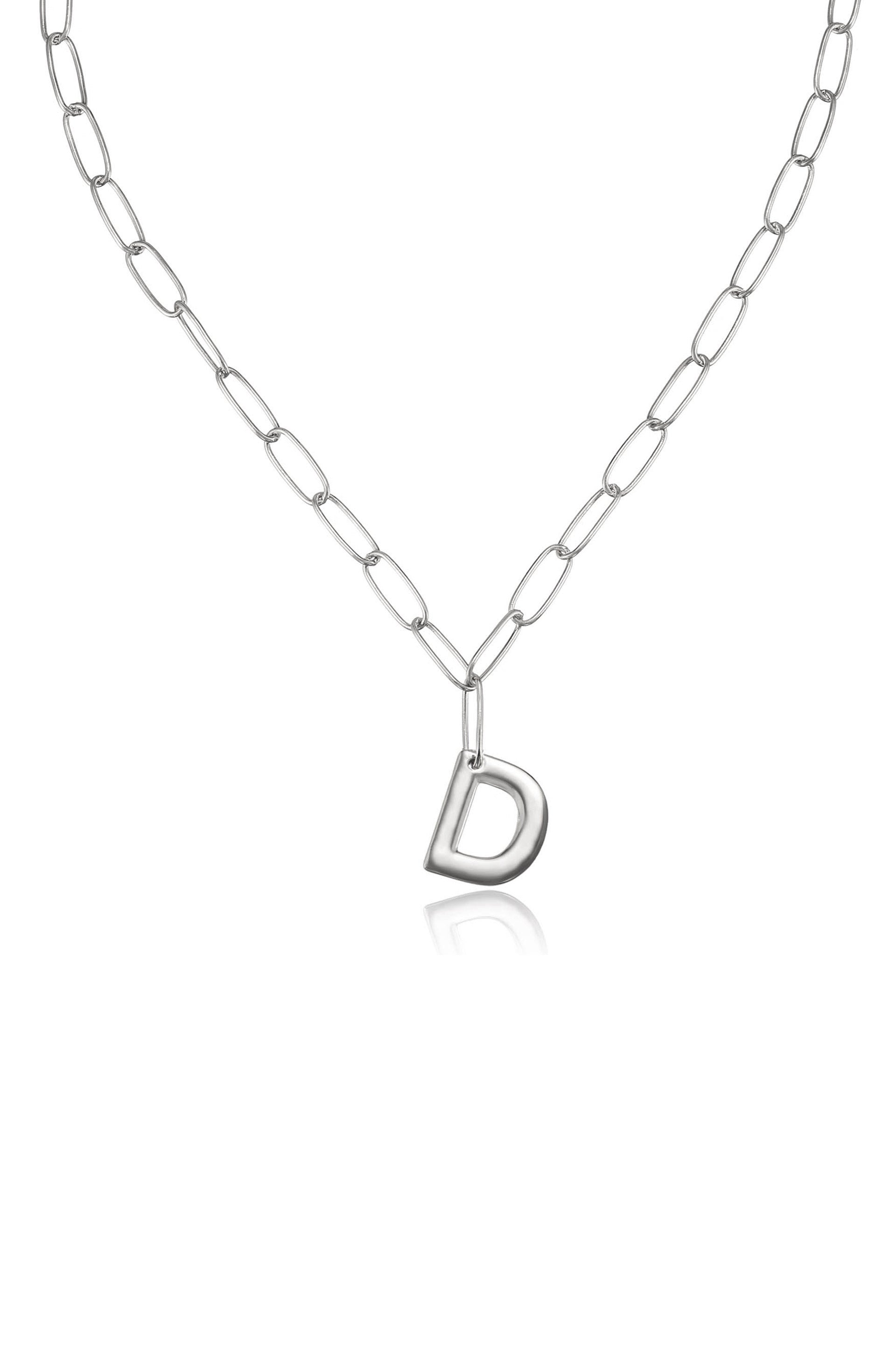 Paperclip Link Initial Necklace D Rhodium Plated