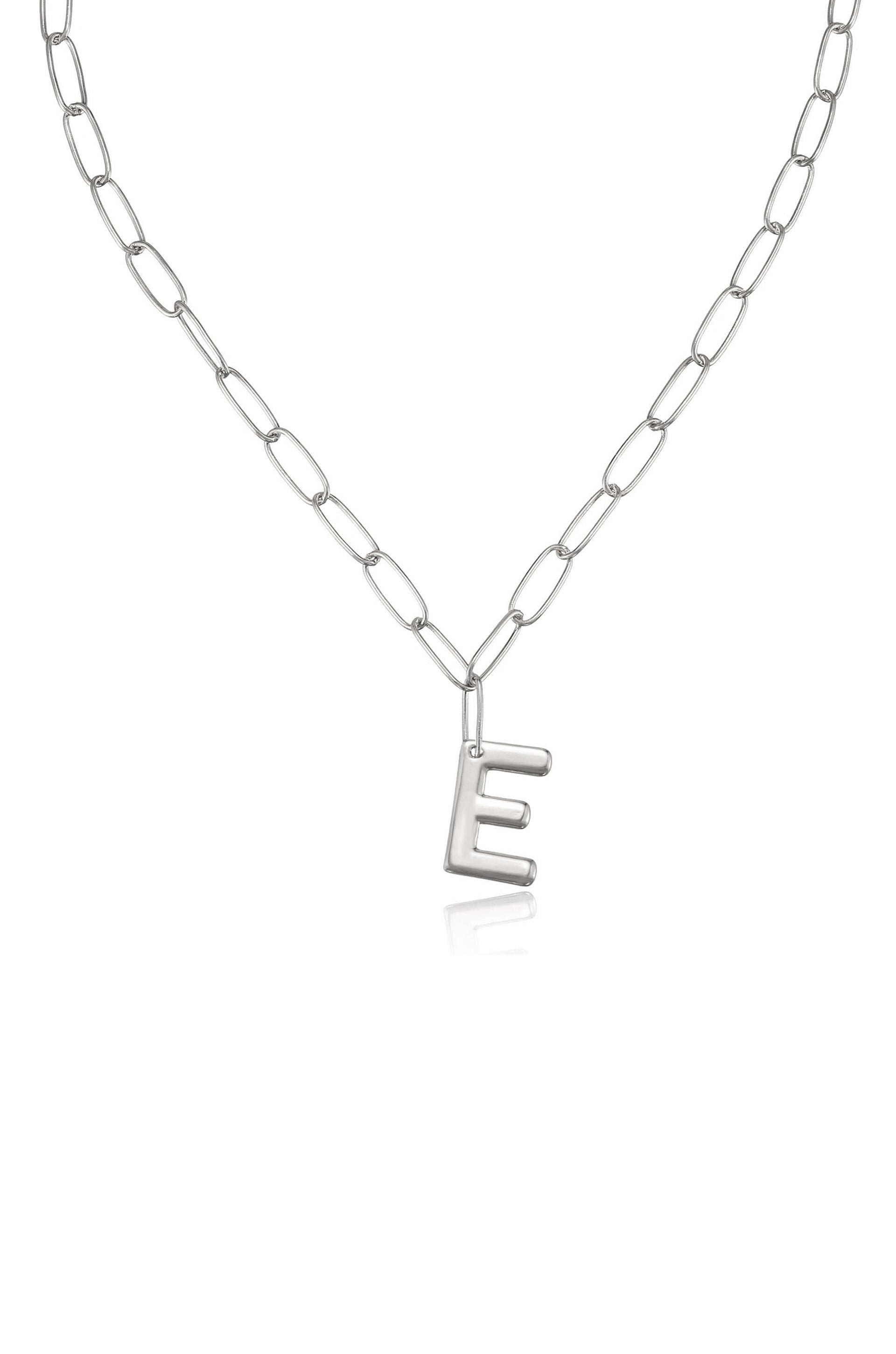 Paperclip Link Initial Necklace E Rhodium Plated