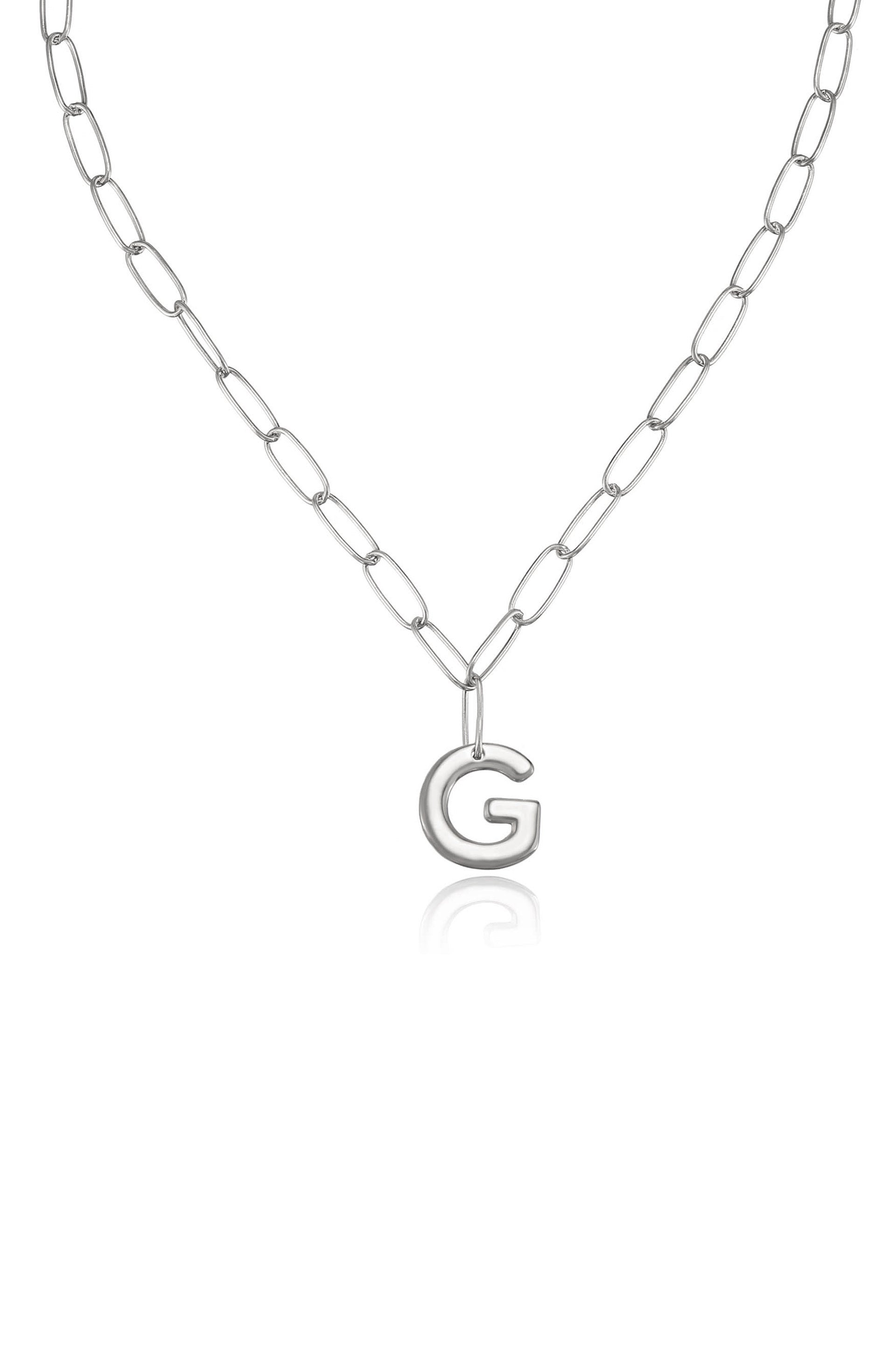 Paperclip Link Initial Necklace G Rhodium Plated