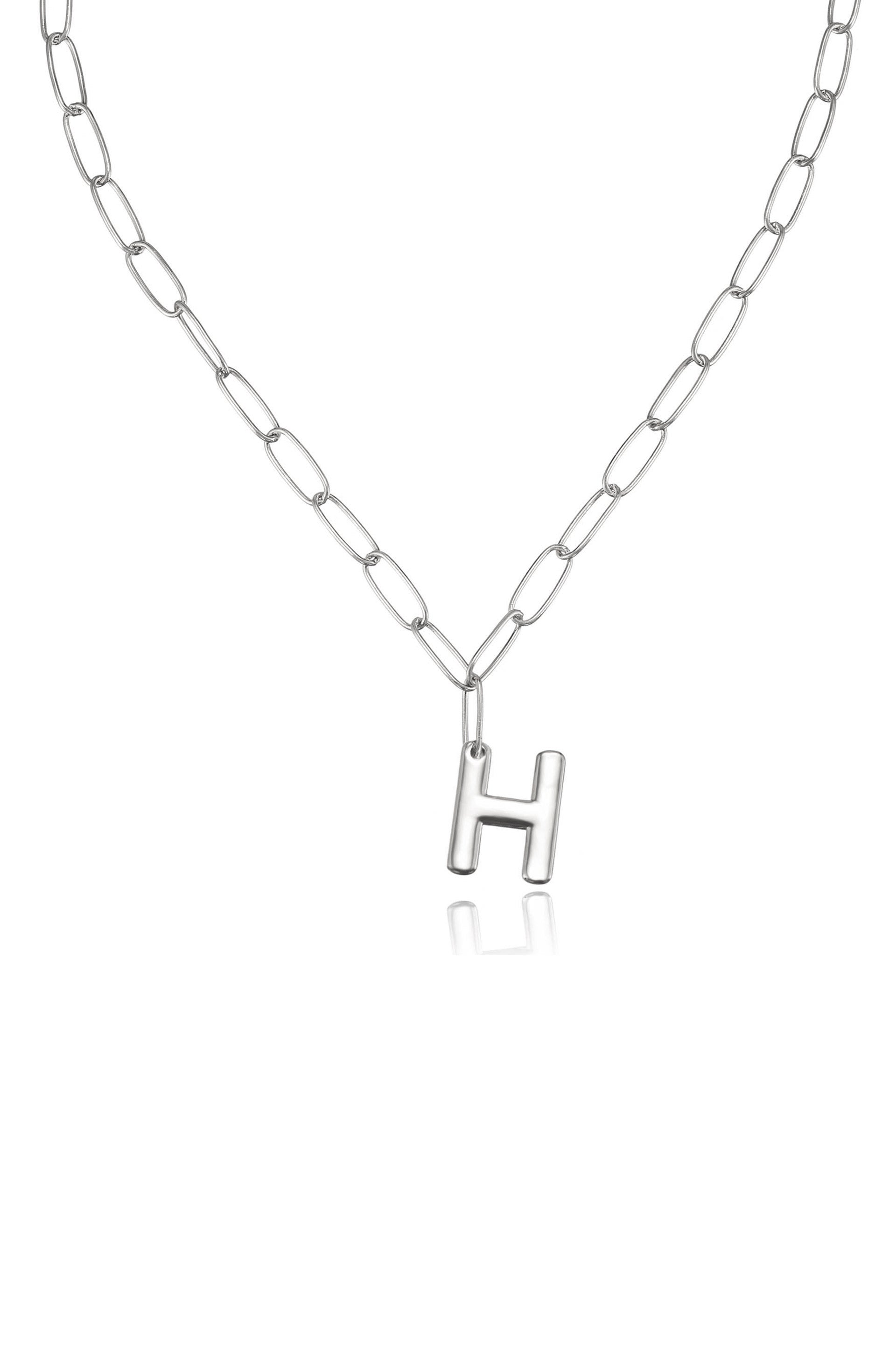 Paperclip Link Initial Necklace H Rhodium Plated