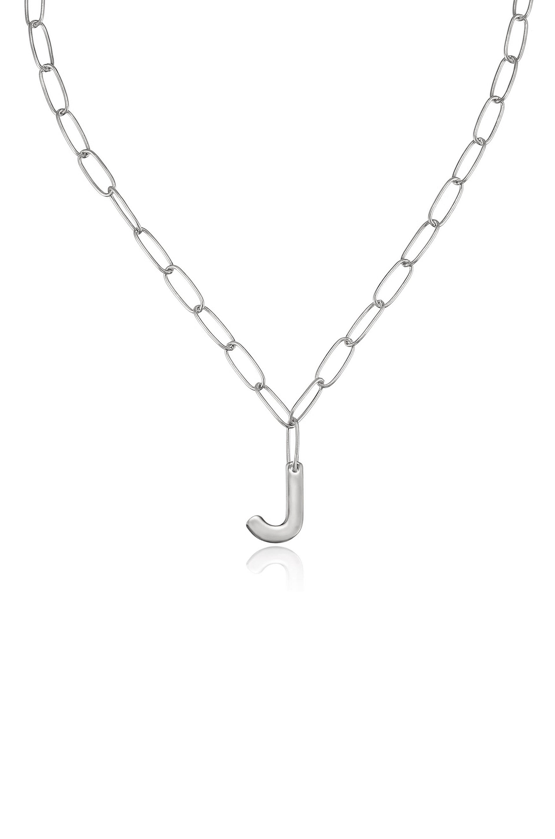 Paperclip Link Initial Necklace J Rhodium Plated
