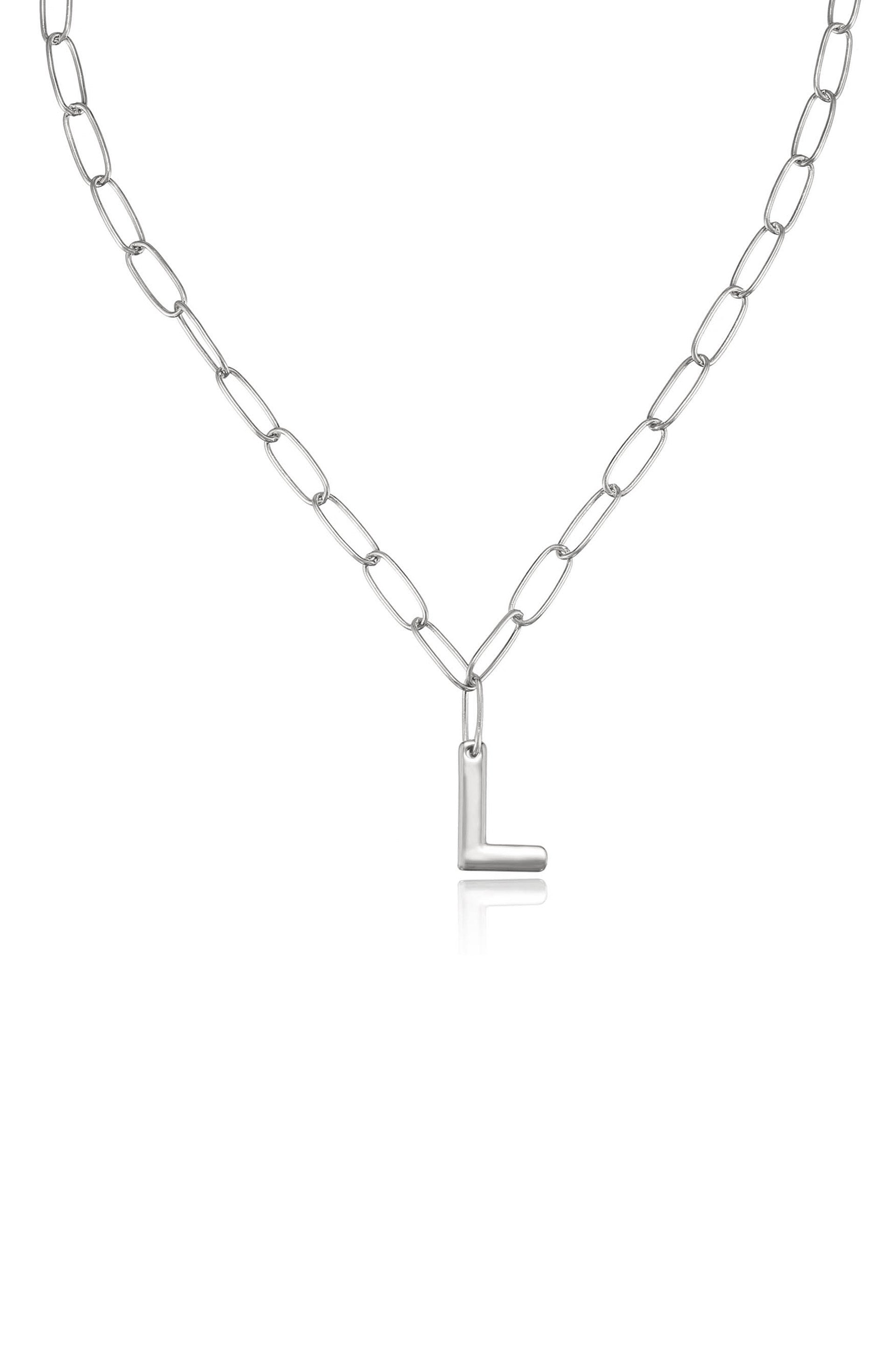 Paperclip Link Initial Necklace L Rhodium Plated