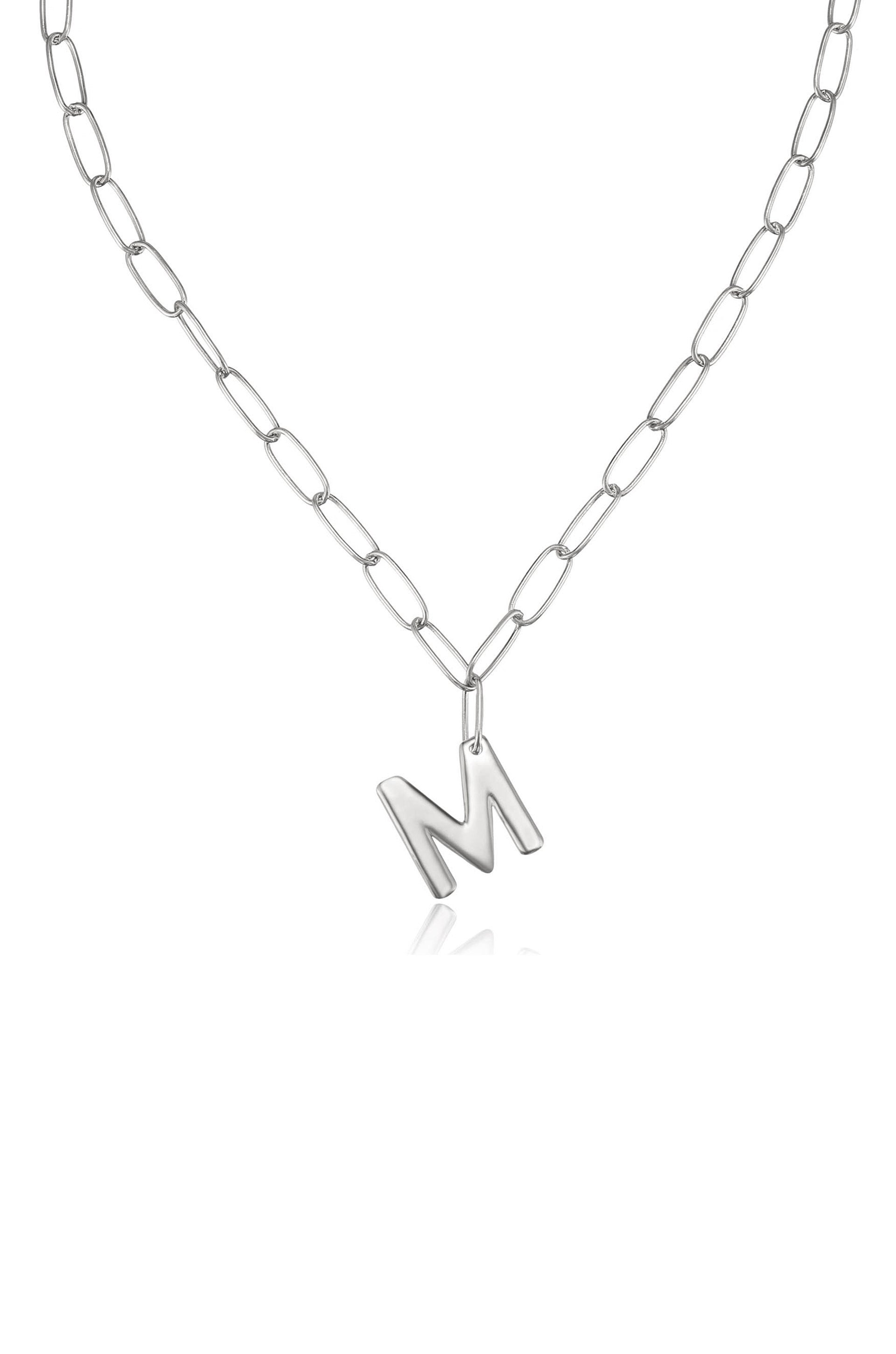 Paperclip Link Initial Necklace M Rhodium Plated