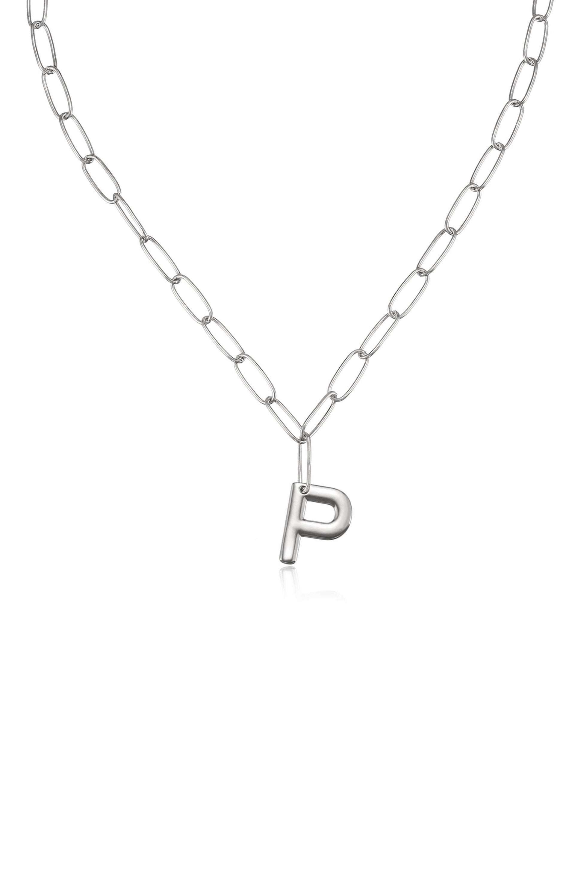 Paperclip Link Initial Necklace P Rhodium Plated