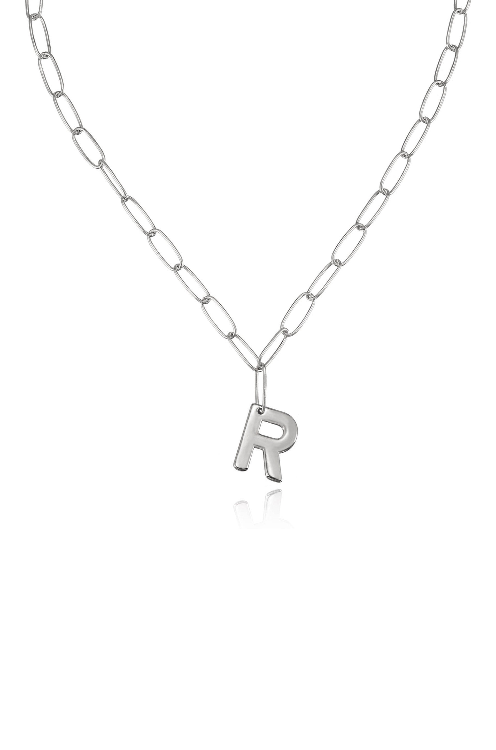 Paperclip Link Initial Necklace R Rhodium Plated
