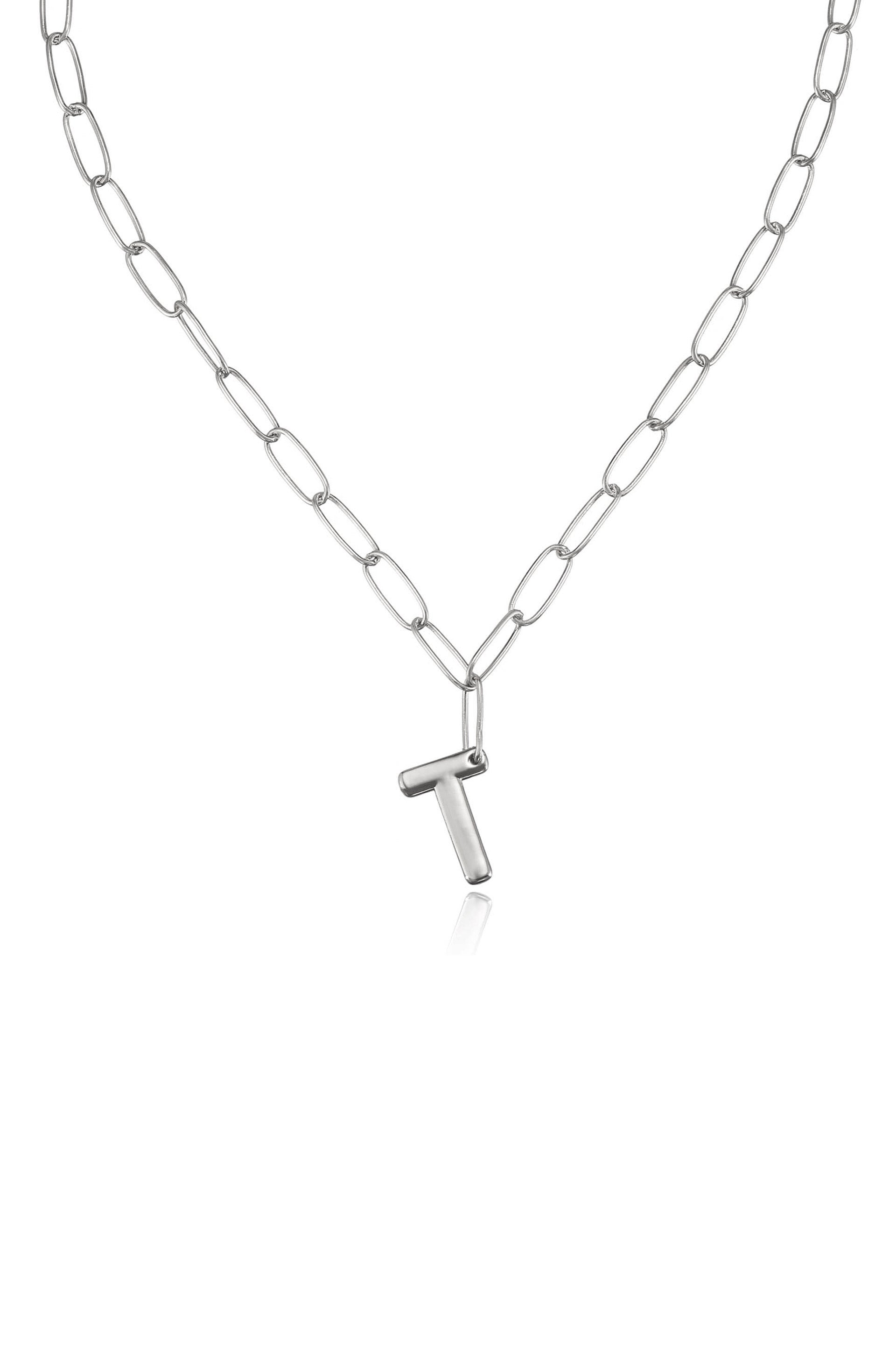 Paperclip Link Initial Necklace T Rhodium Plated