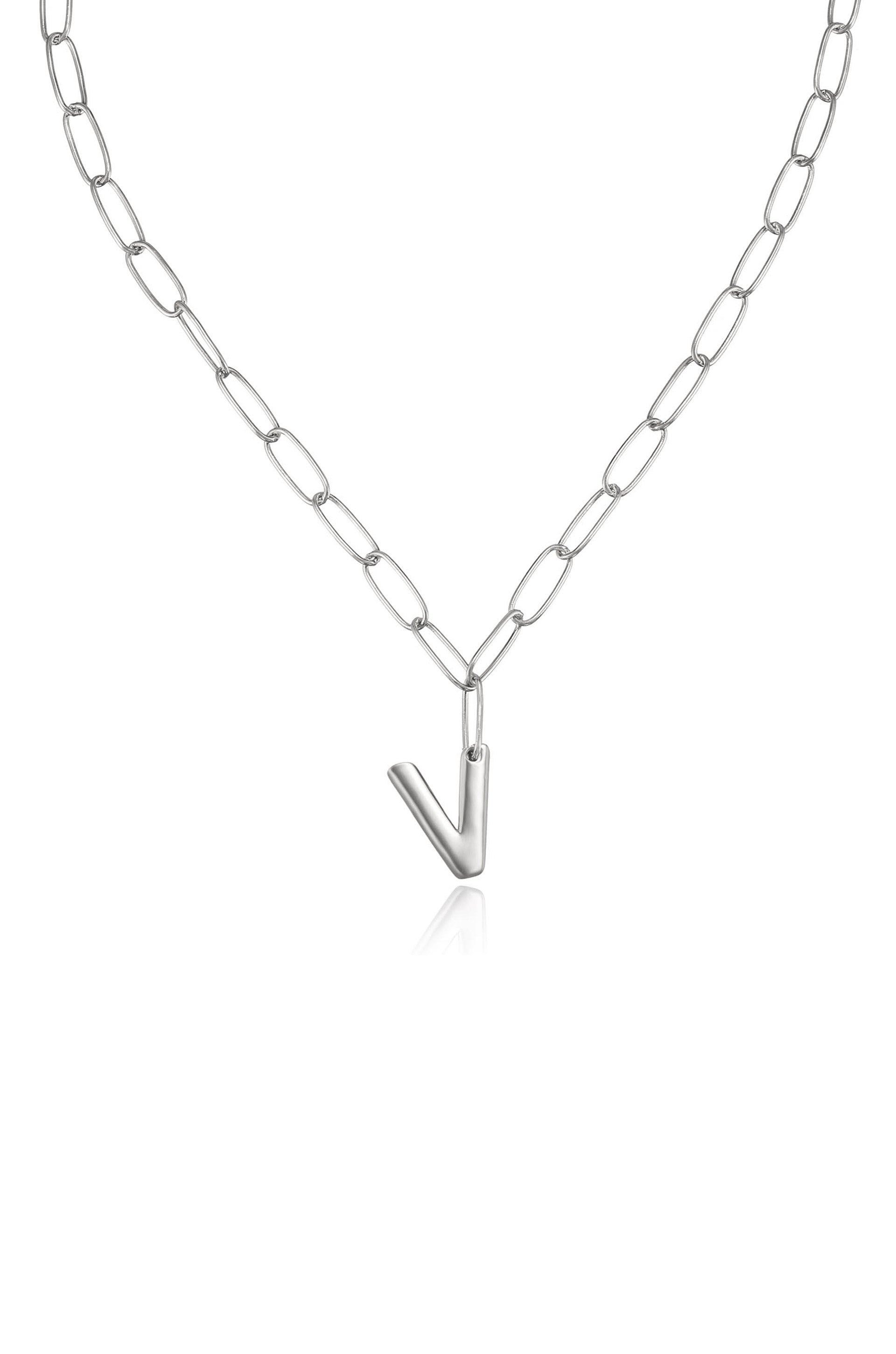 Paperclip Link Initial Necklace V Rhodium Plated