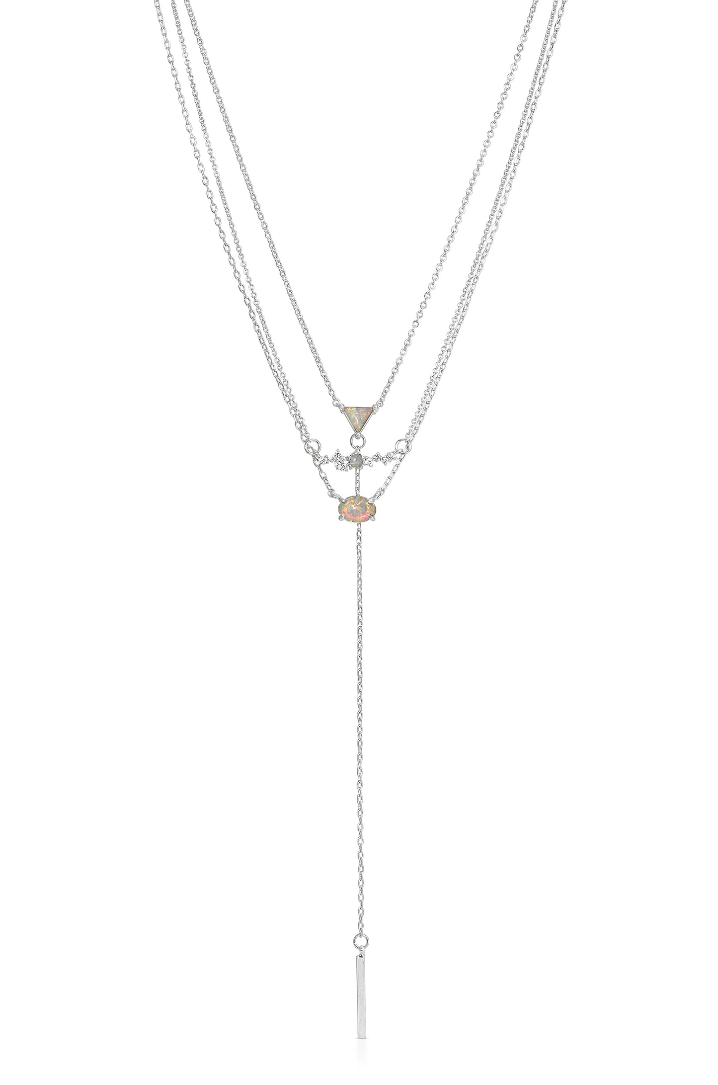 Layered Opal Lariat Necklace Set of 3 in rhodium close up