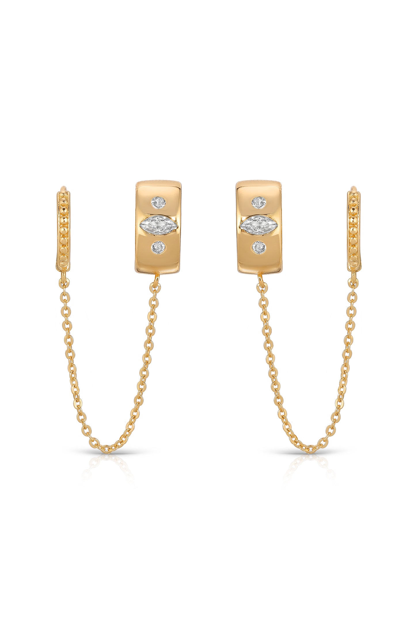 Double Piercing Bezel Crystal Dangle Earrings front