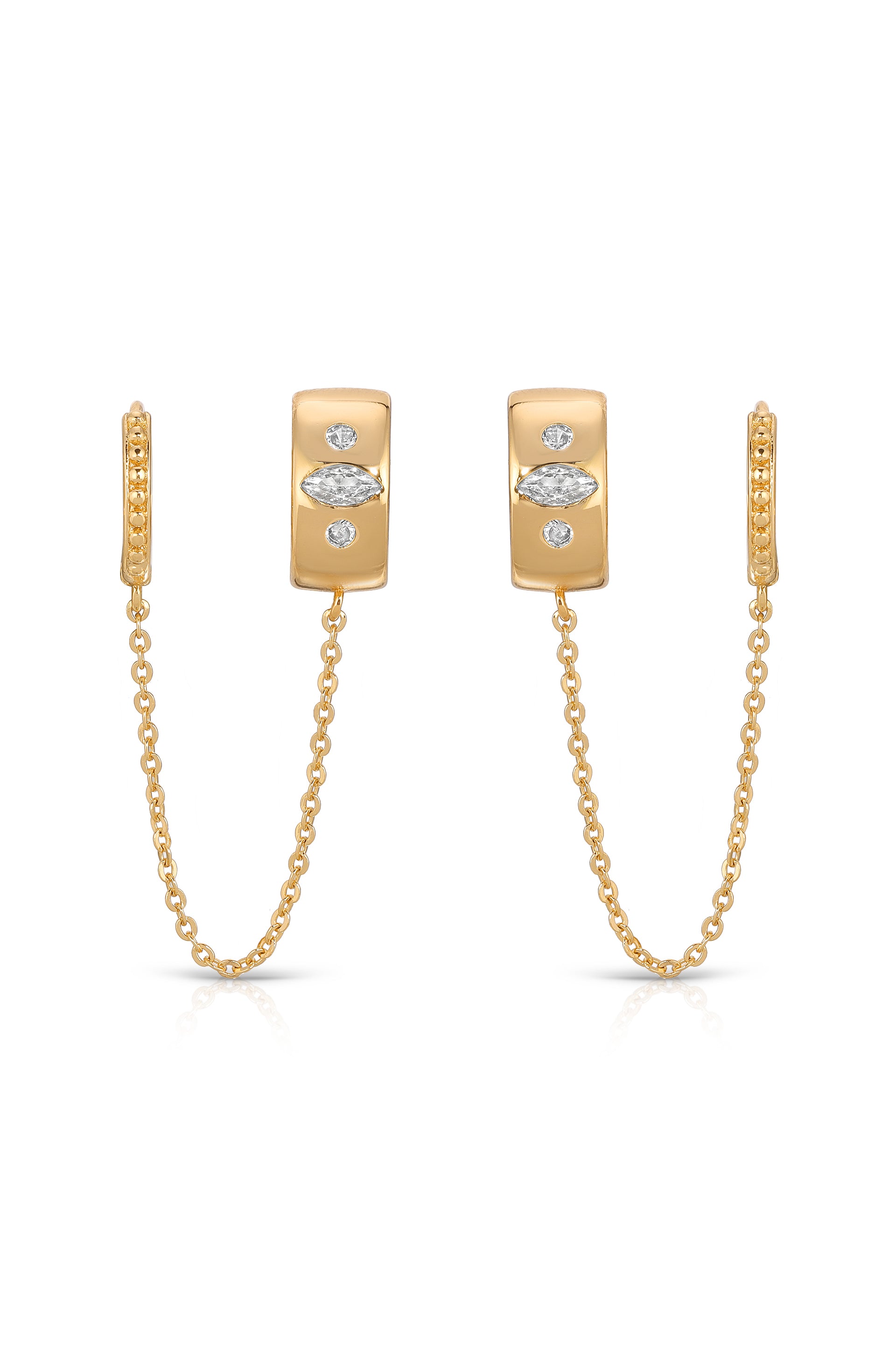 Double Piercing Bezel Crystal Dangle Earrings front