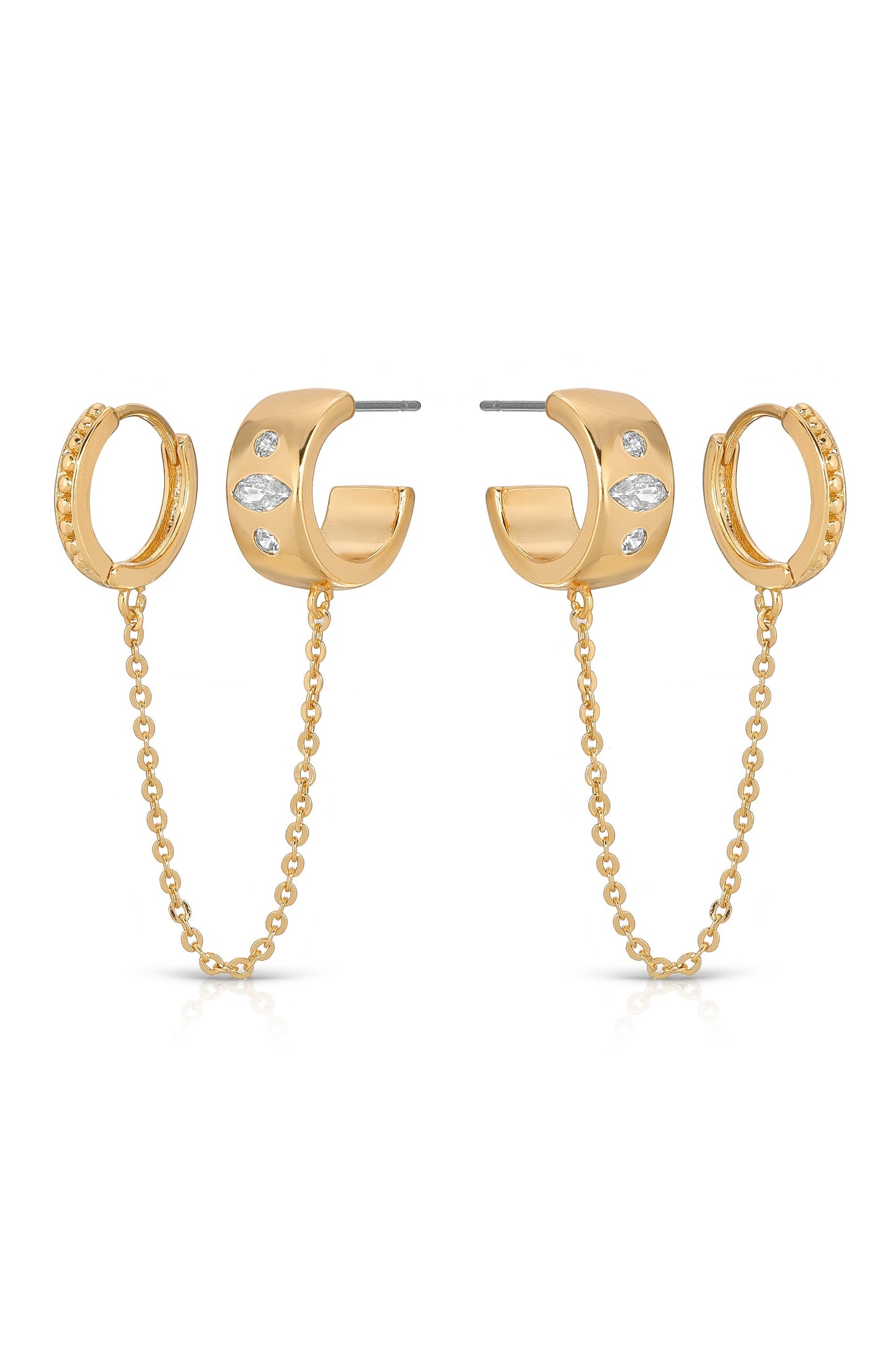 Double Piercing Bezel Crystal Dangle Earrings side