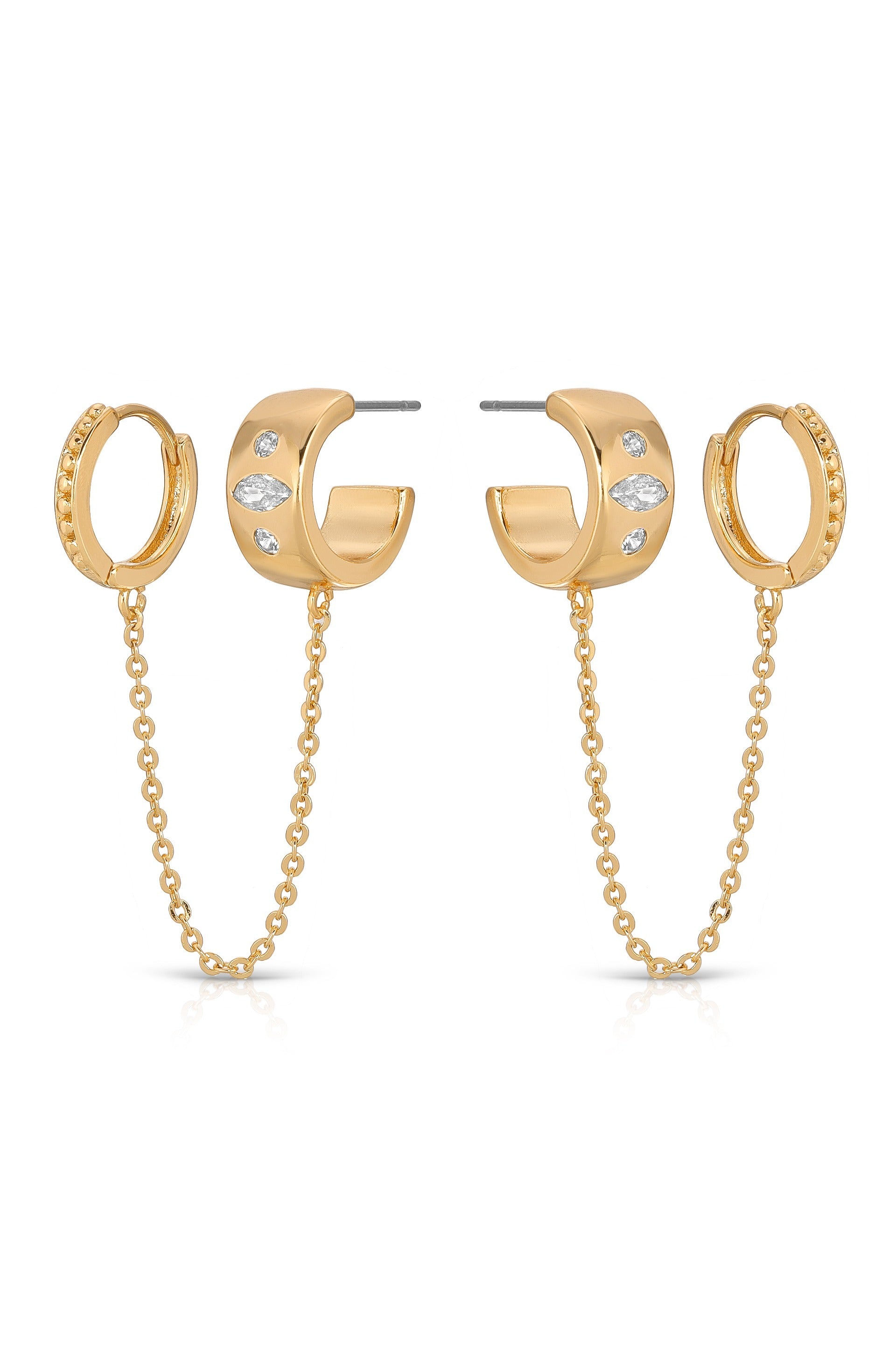 Double Piercing Bezel Crystal Dangle Earrings side