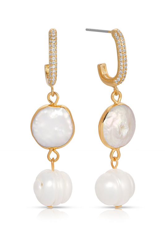 Dangling Freshwater Pearl 18k Gold Plated Huggie Hoop Earrings
