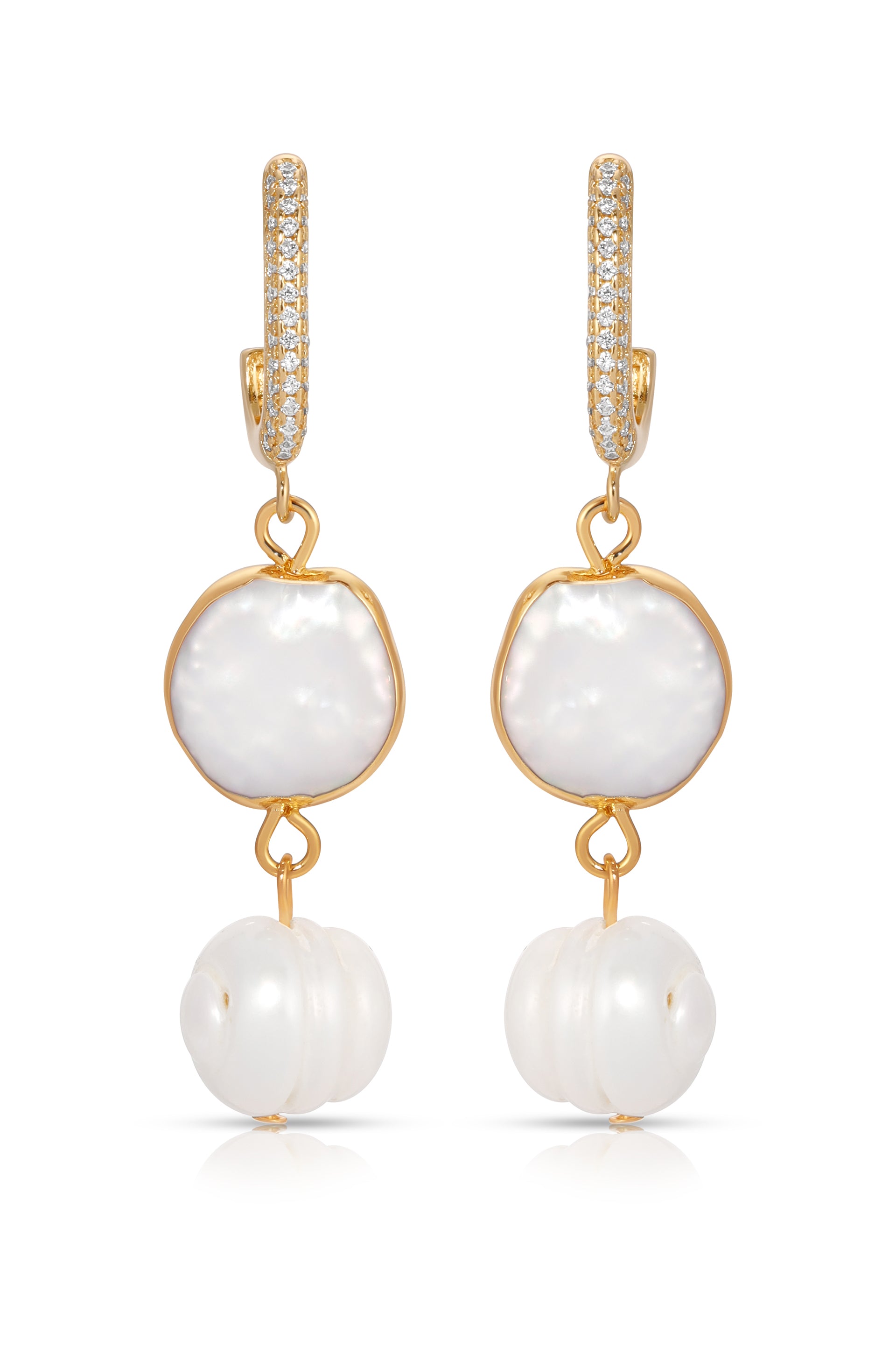 Dangling Freshwater Pearl Huggie Hoop Earrings front