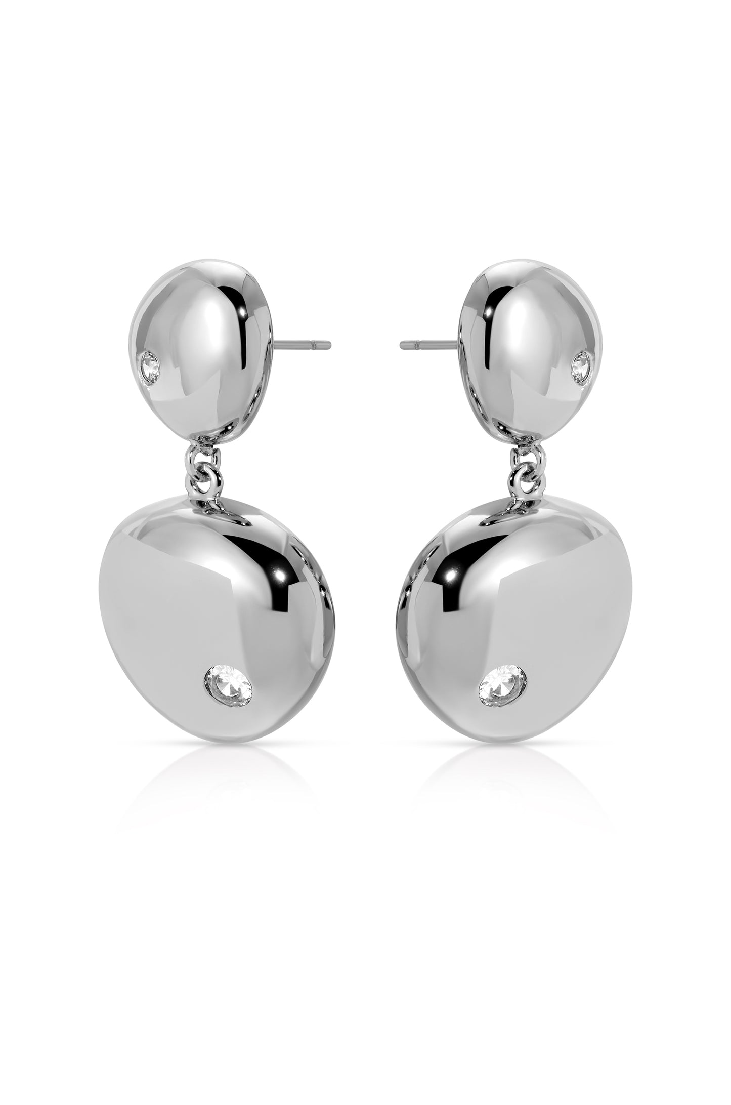 Polished Double Pebble Drop Earrings in rhodium side view