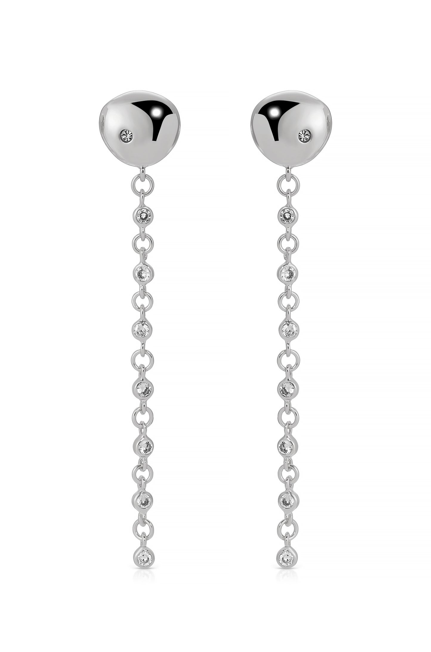 Polished Pebble Linear Chain Earrings Rhodium Plated 3