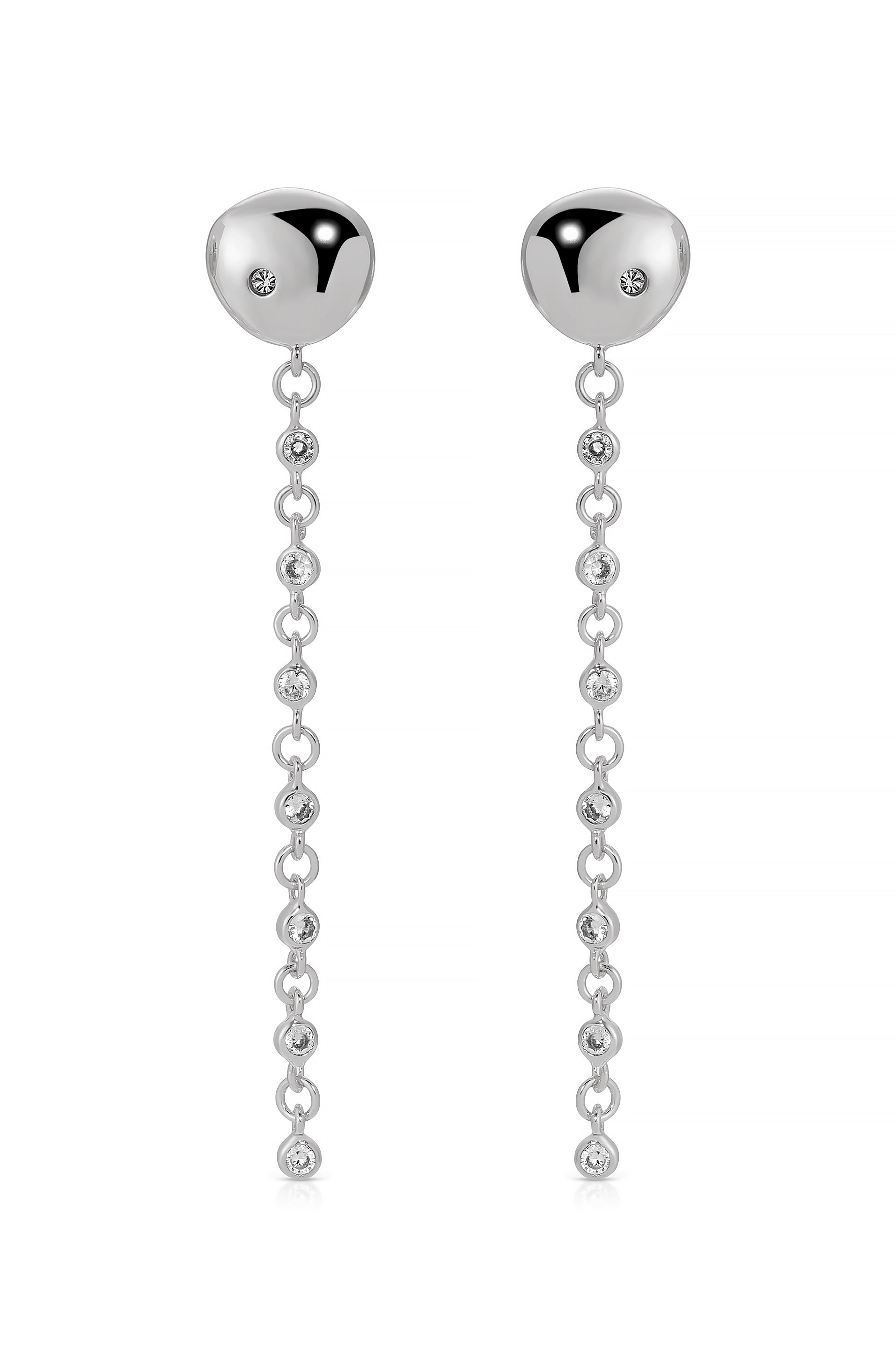 Polished Pebble Linear Chain Earrings Rhodium Plated 3