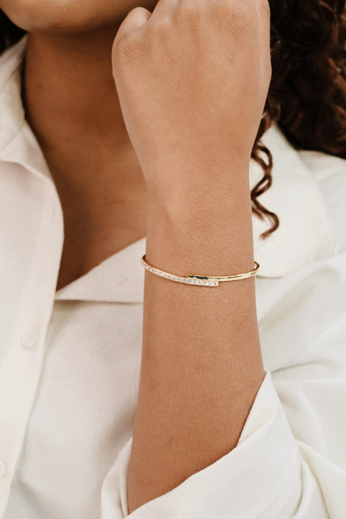 Half Classic Half Sparkle Bracelet Cuff on model 4