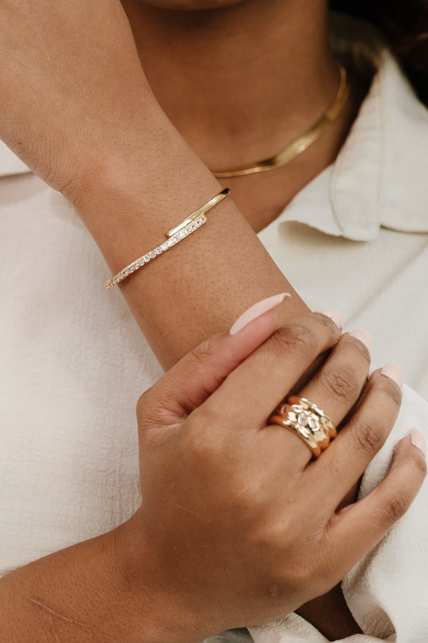 Half Classic Half Sparkle Bracelet Cuff on model 6