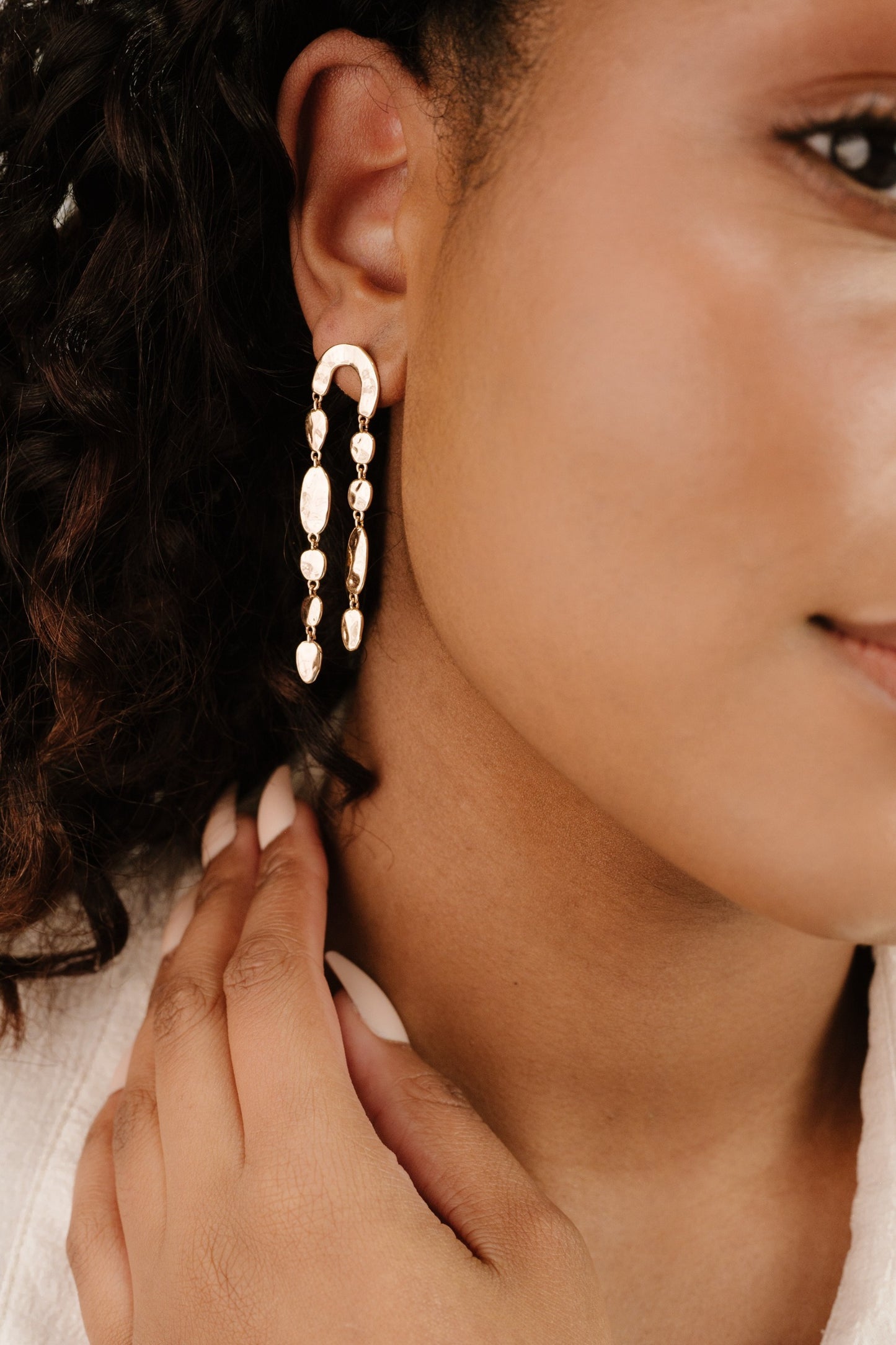 Cascading Hammered 18k Gold Plated Link Earrings on model 3