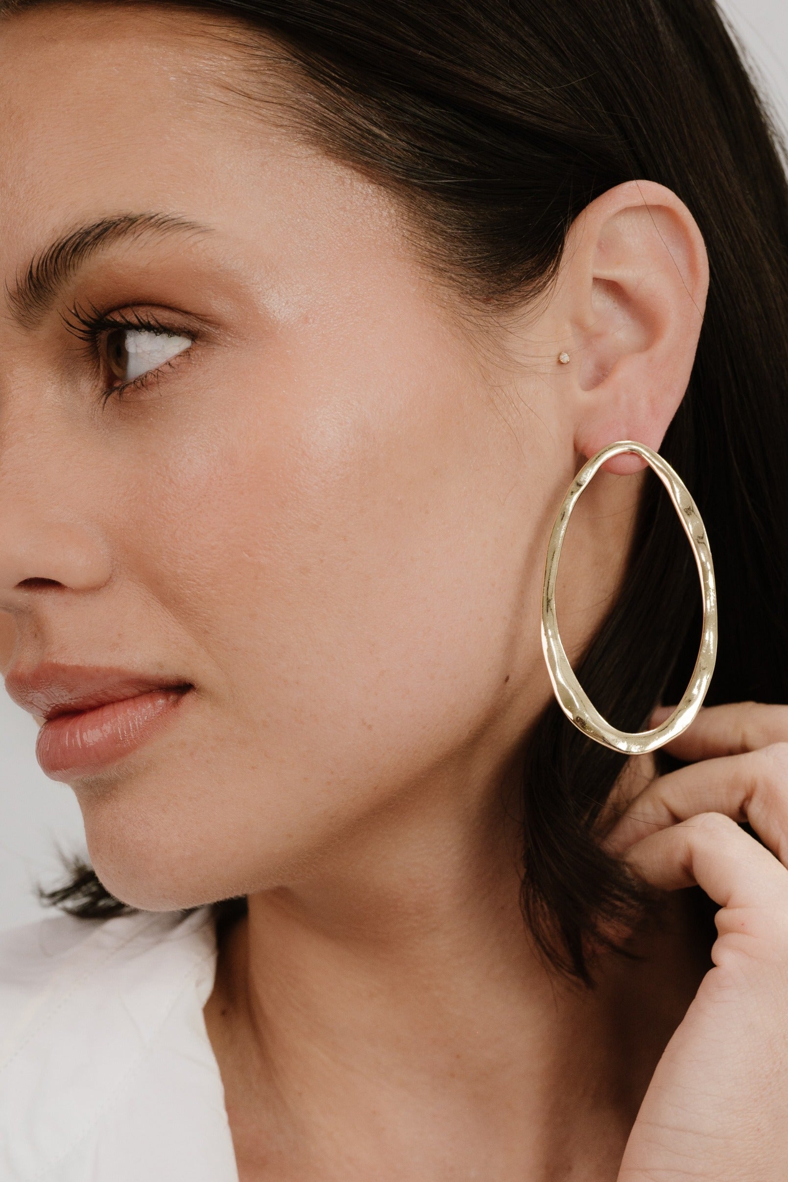 Hammered 18k Gold Plated Large Oval Earrings on model 4