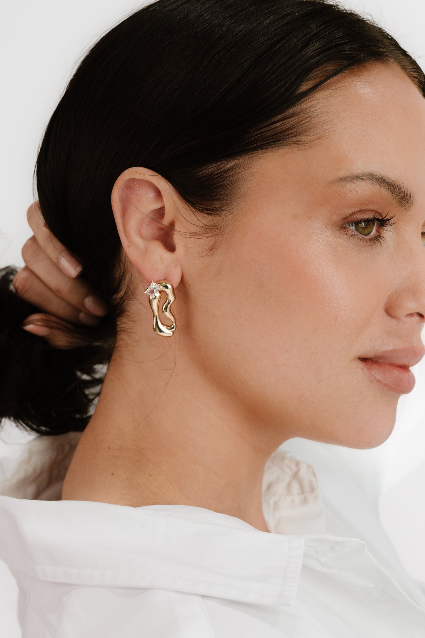 Organic 18k Gold Plated Winding Crystal Earrings on model 2
