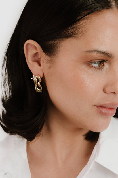 Organic 18k Gold Plated Winding Crystal Earrings on model 3