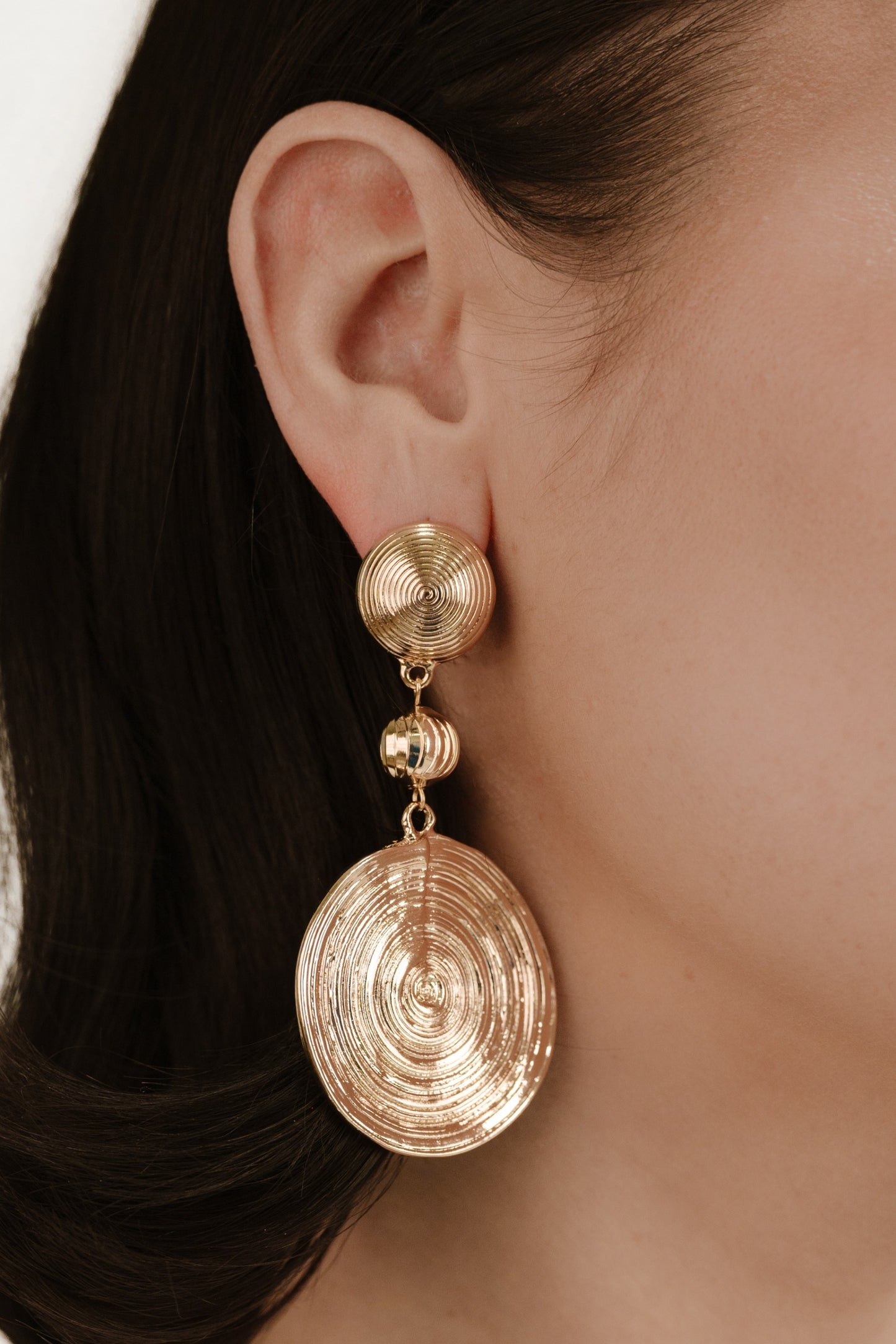 Textured Disc 18k Gold Plated Statement Earrings on model