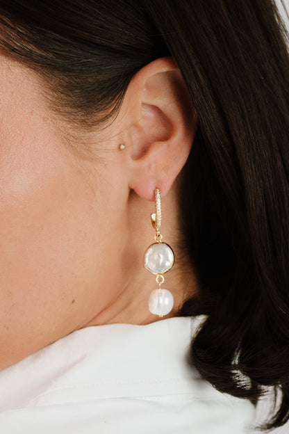 Dangling Freshwater Pearl 18k Gold Plated Huggie Hoop Earrings on model 