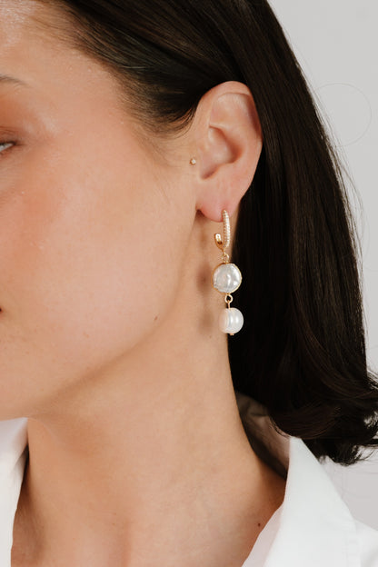Dangling Freshwater Pearl 18k Gold Plated Huggie Hoop Earrings on model 3