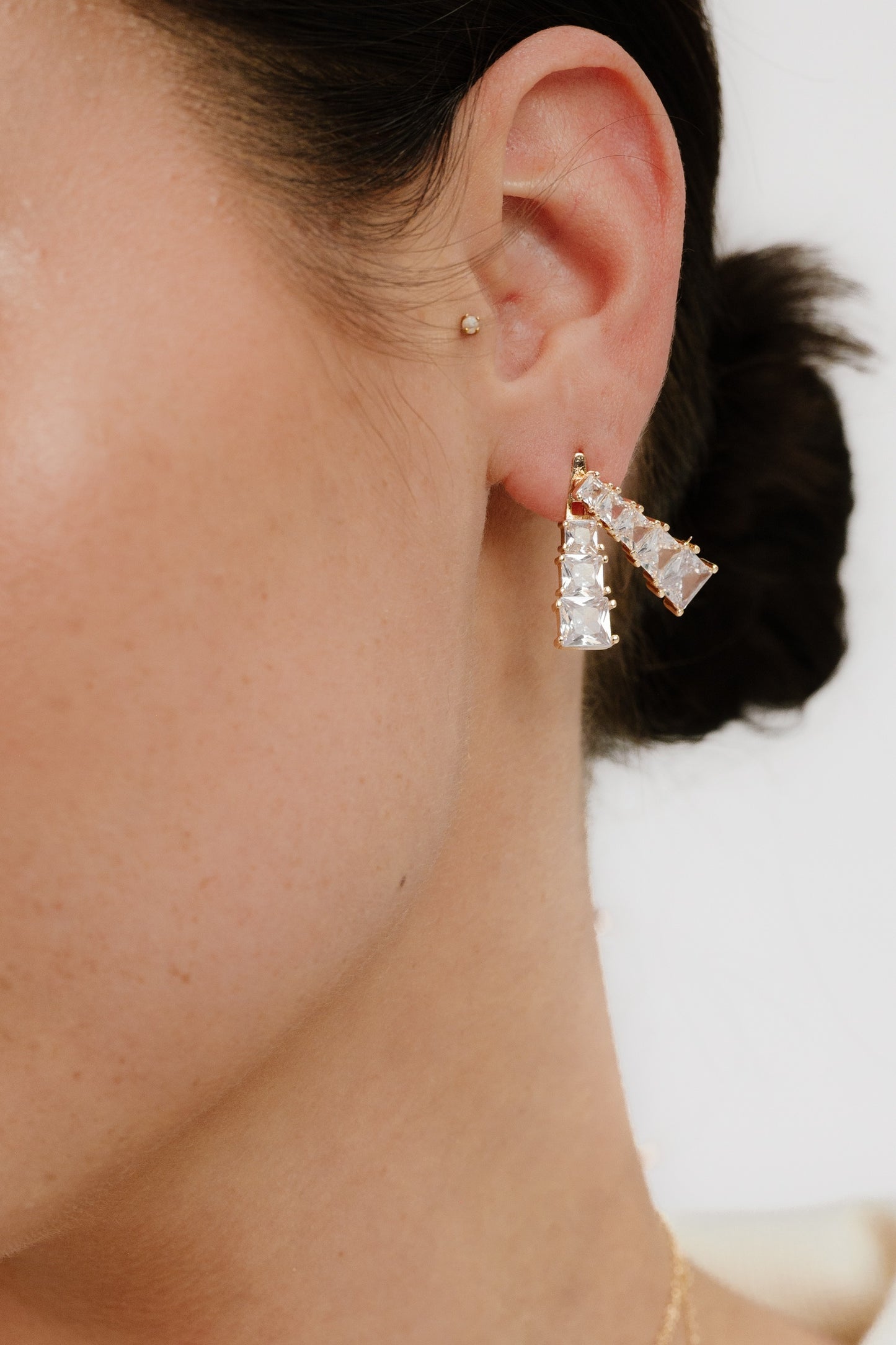 Front and Back Crystal Dangle Earrings on model