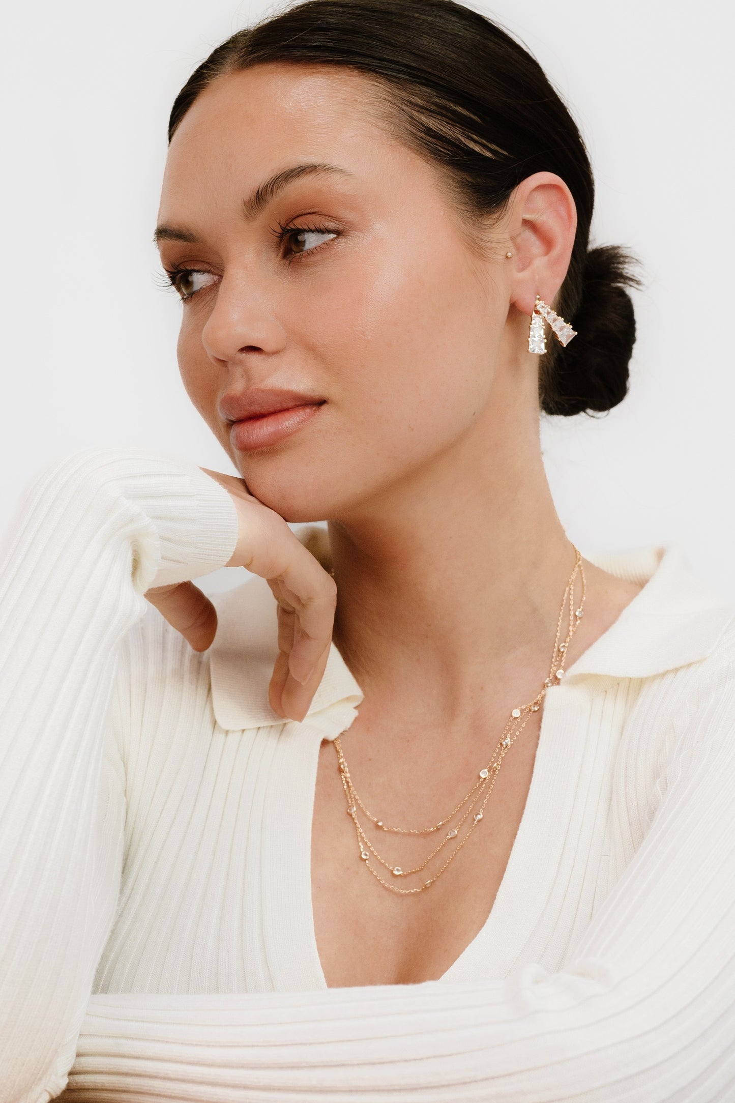 Front and Back Crystal Dangle Earrings on model 2