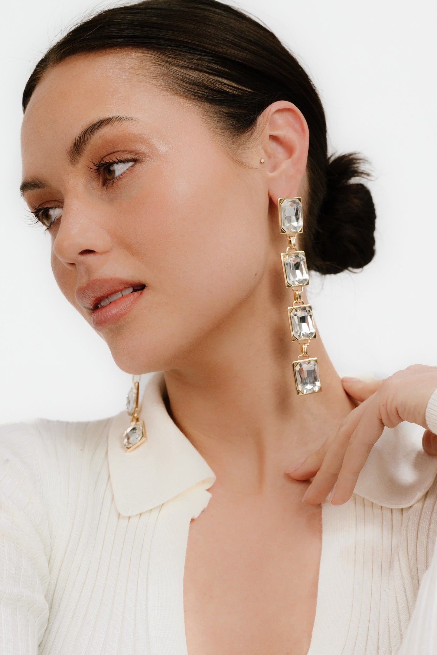 Four Crystal Stone Drop 18k Gold Plated Earrings on model 2