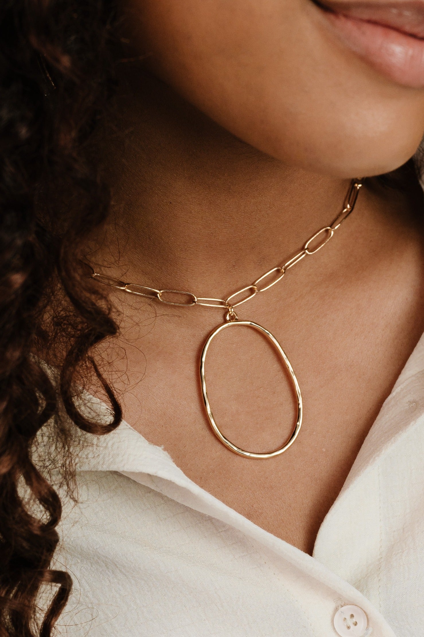 Large Oval Pendant Chain Link Necklace on model