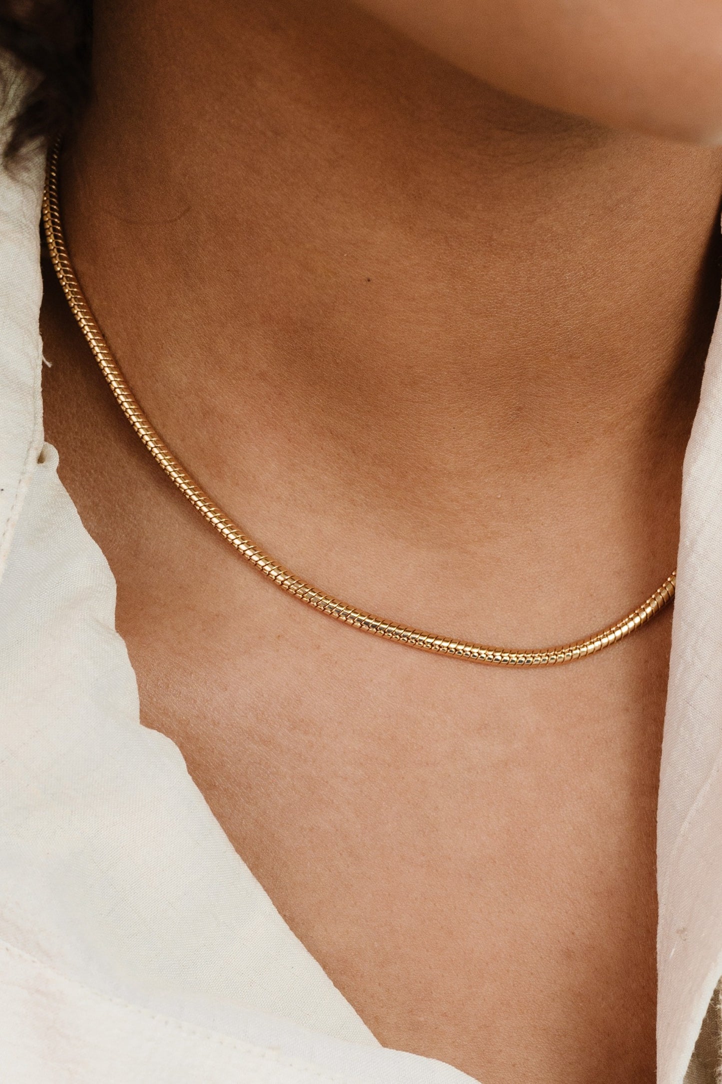Classic 18k Gold Plated Snake Chain Necklace on model 3