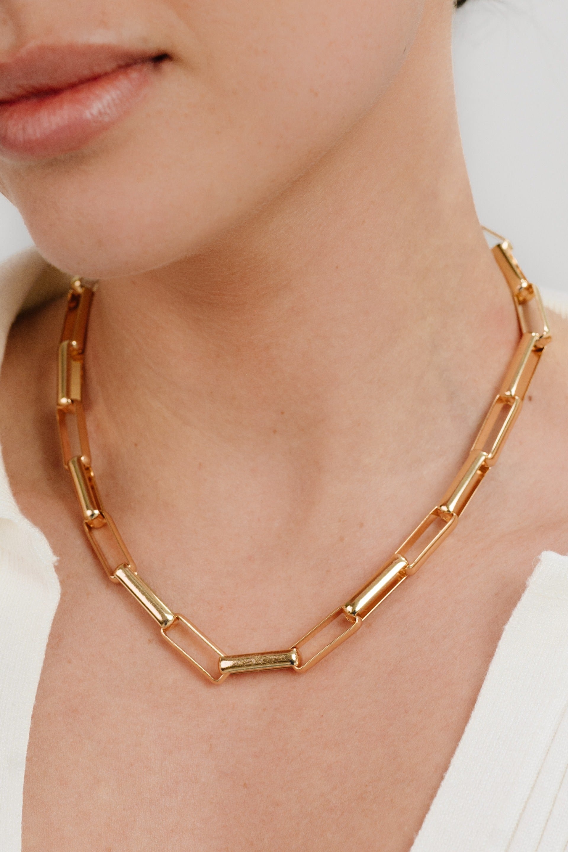 18k Gold Plated Rectangular Link Necklace on model