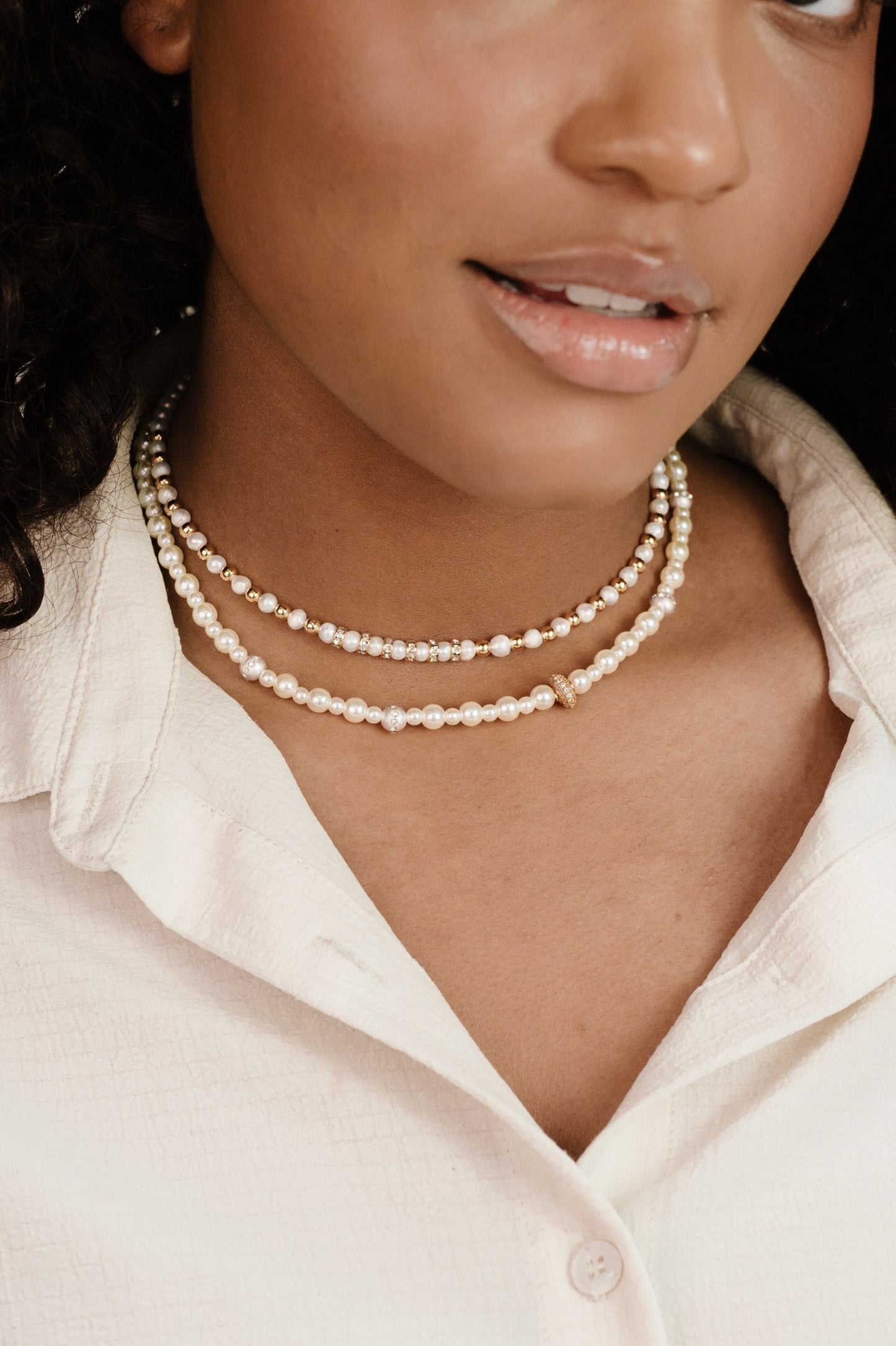 Pearls Double Sparkle 18k Gold Plated Beaded Necklace Set on model 3