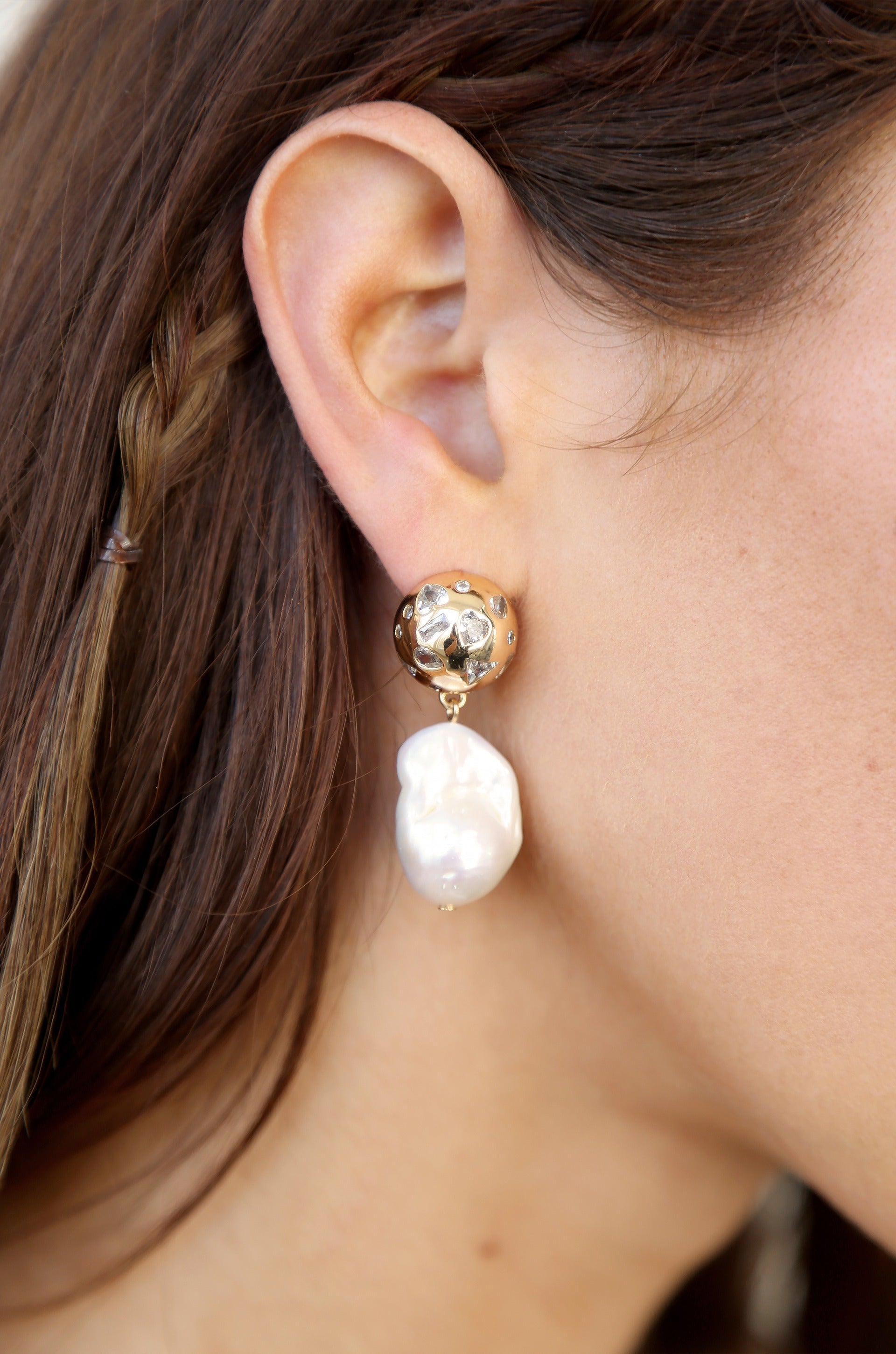Bezel Ball Drop 18k Gold Plated Pearl Earrings on model