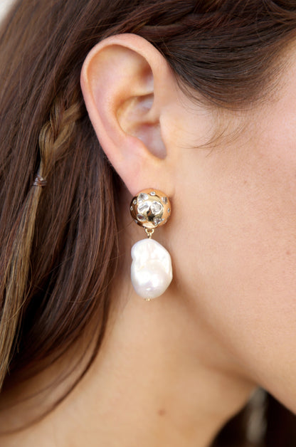 Bezel Ball Drop Pearl Earrings on model
