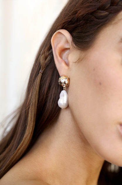 Bezel Ball Drop Pearl Earrings on model 2