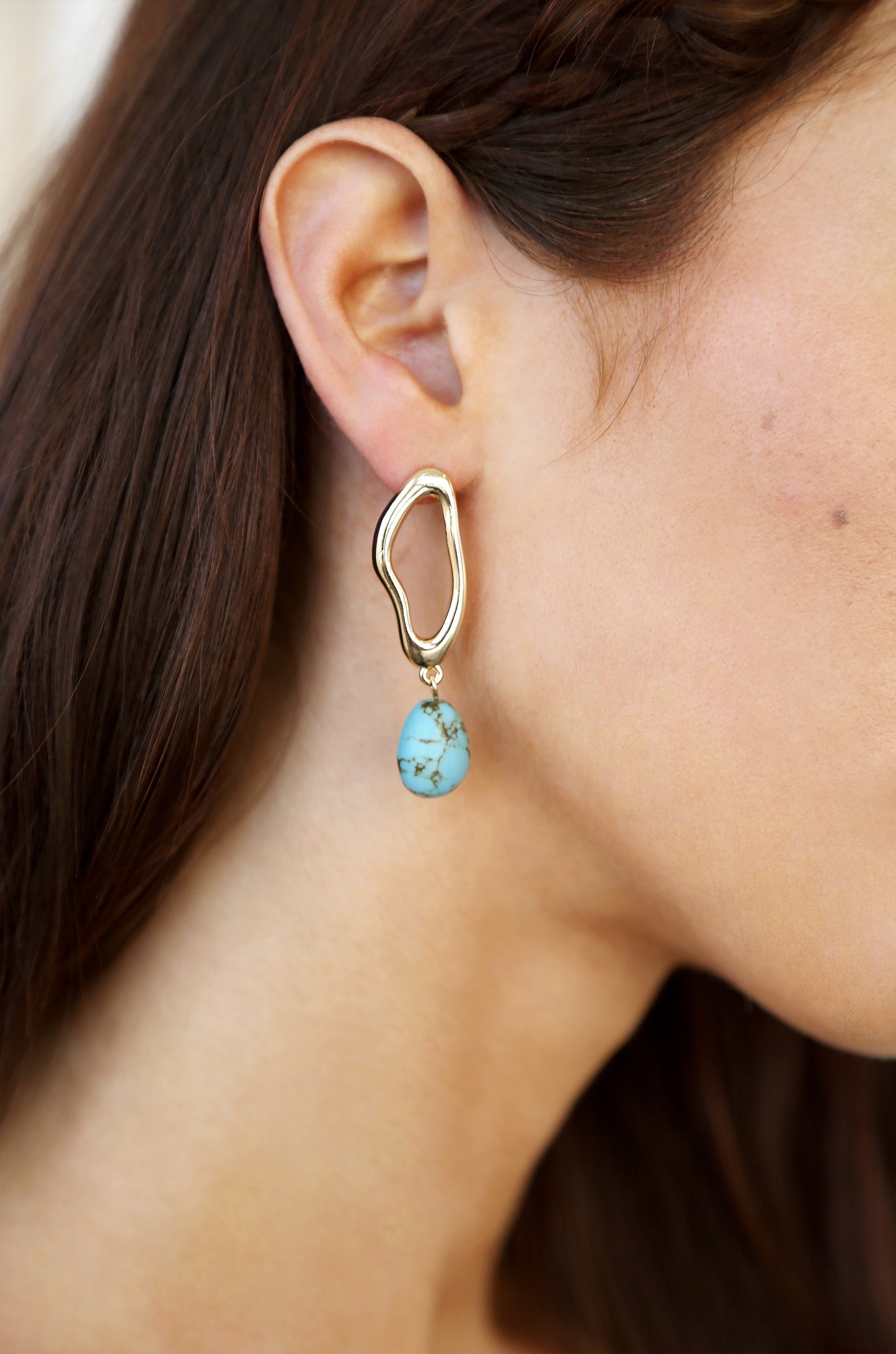 Open Circle Turquoise Dangle Earrings on model