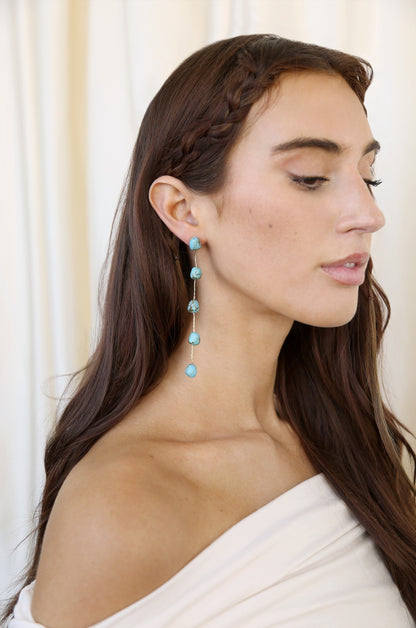 Dripping Turquoise Delicate Drop Earrings on model 3