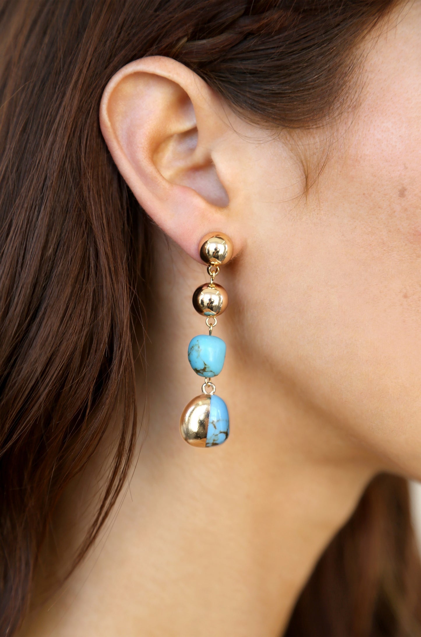 Resort Drop Earrings in turquoise on model