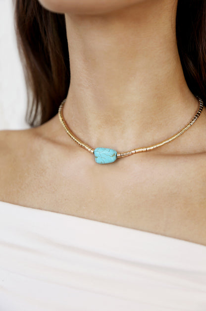 Gold Beaded Turquoise Nugget Necklace on model