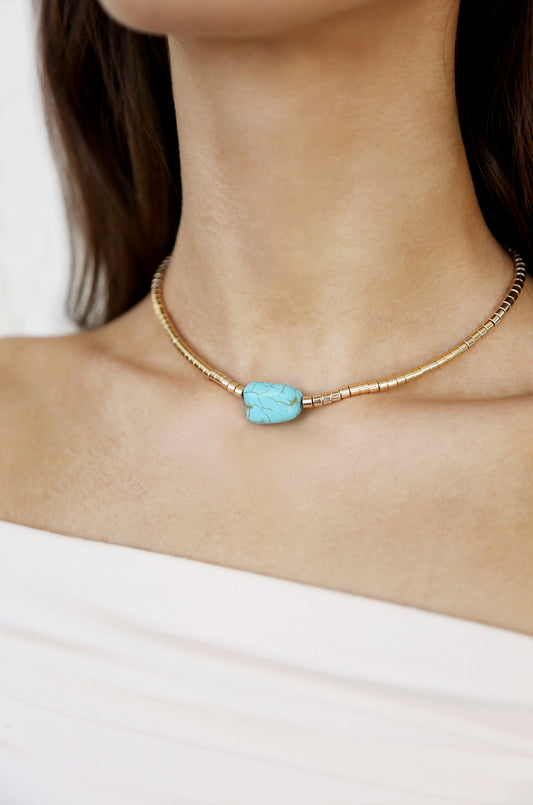 Gold Beaded Turquoise Nugget Necklace