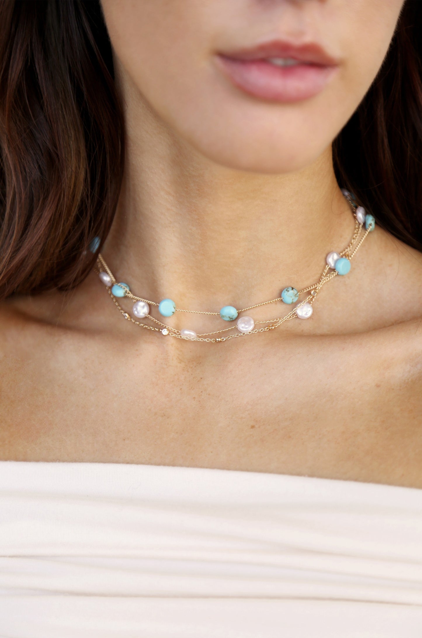 Dressed in Turquoise & Pearls Layered 18k Gold Plated Necklace on model