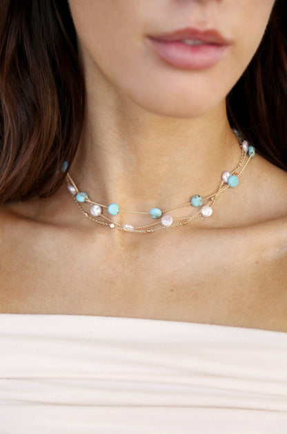 Dressed in Turquoise & Pearls Layered 18k Gold Plated Necklace on model