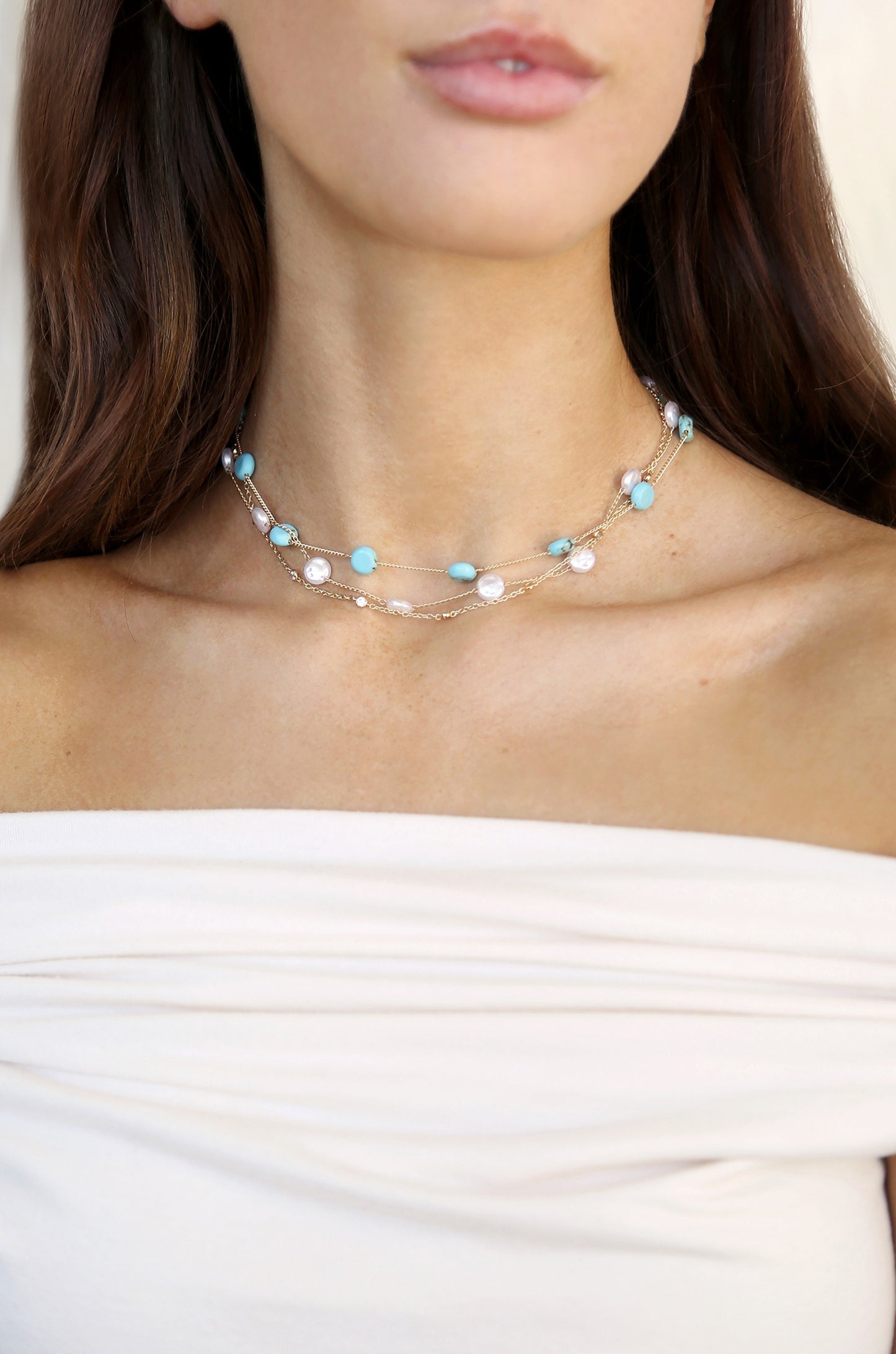 Dressed in Turquoise & Pearls Layered 18k Gold Plated Necklace on model 3