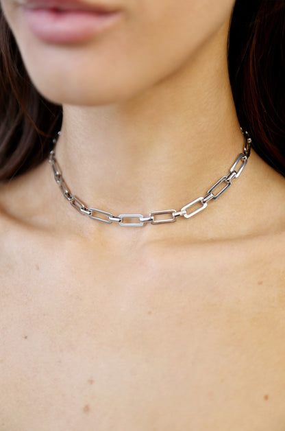 Golden Flat Rectangle Chain Necklace in rhodium on model 2